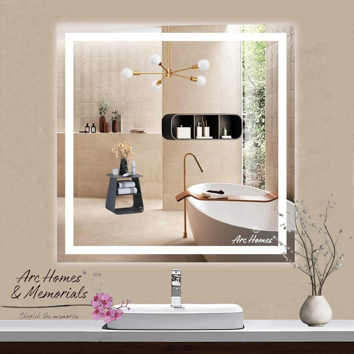 ARC homes Modern Rectangular Wall Led Mirror with Touch Sensor | Bathroom Mirror with Led Lights | Long Mirror for Bedroom Living Room Washbasin Lighting Mirror for Wall (Triple Light, 24 x 24 Inch)-image-20