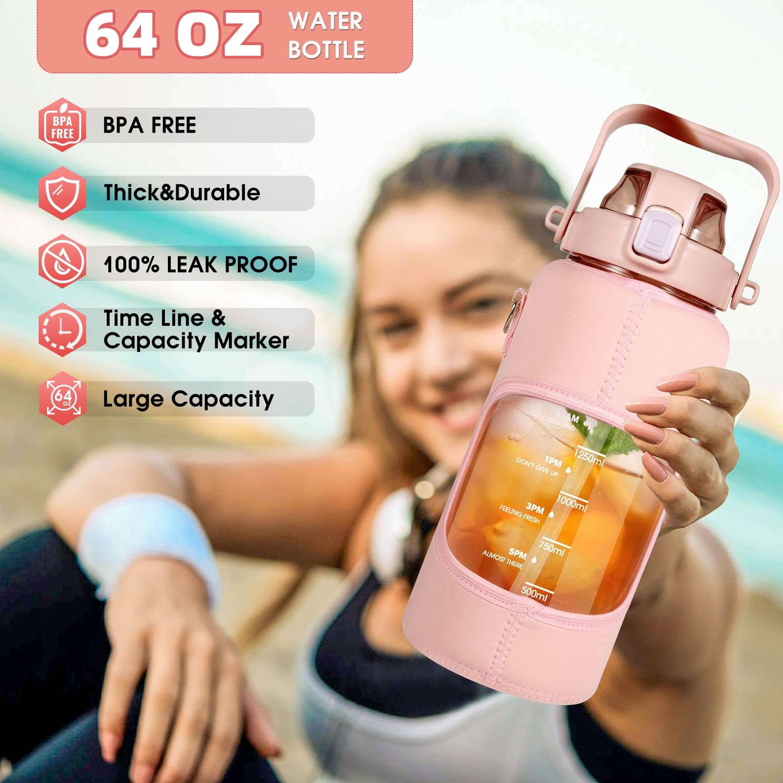 Dolenor 2 Litre Water Bottle with Straw & Sleeve, 64oz Leak-Proof BPA Free Sports Bottle with Time Marker & Strap - Image 2