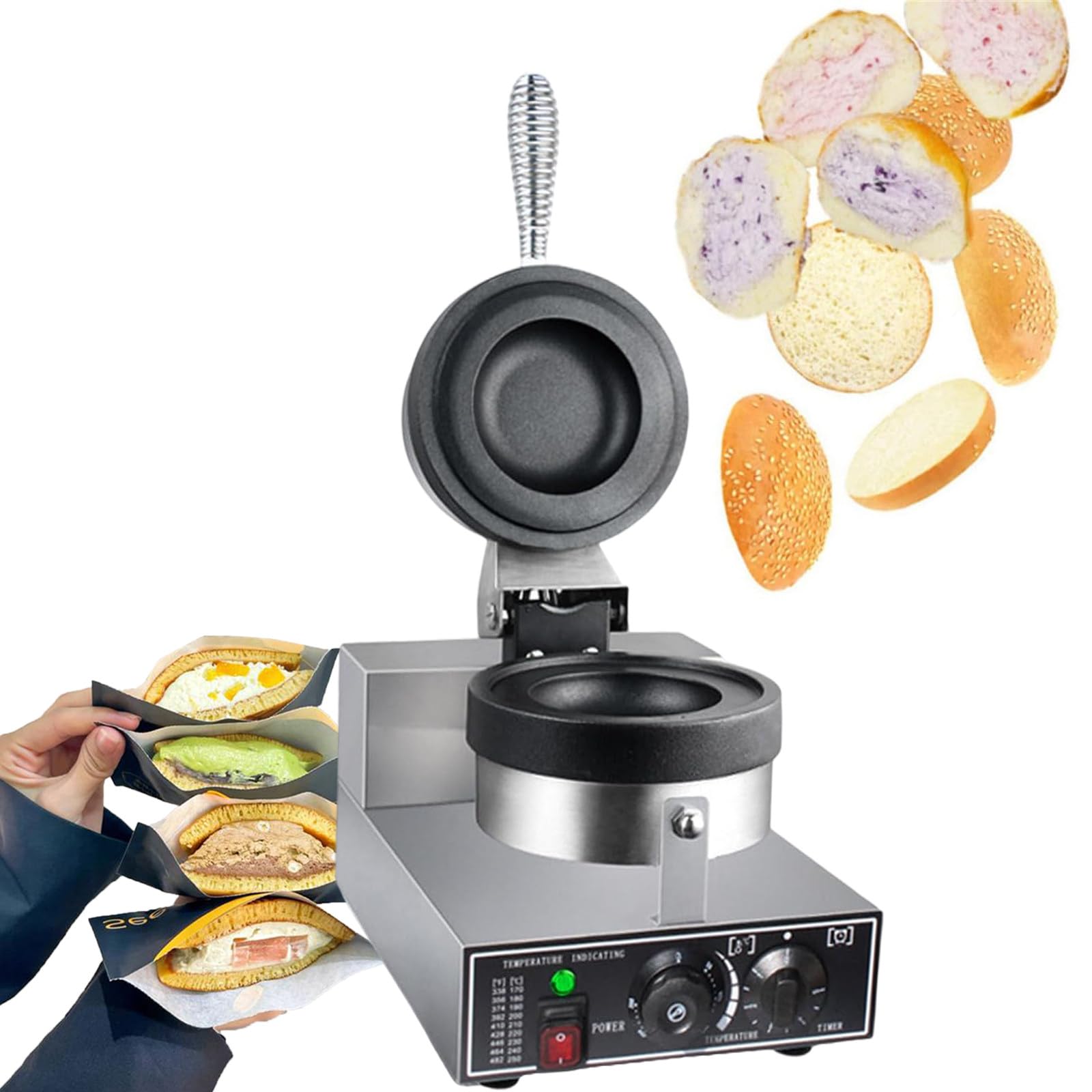Gofrownica 1200 W, Prasa Panini Opiekacz do kanapek Lody Brioche Maszyna do robienia hamburgerów Panini Prasa Płyty nieprzywierające Niezależna kontrola temperatury,110V