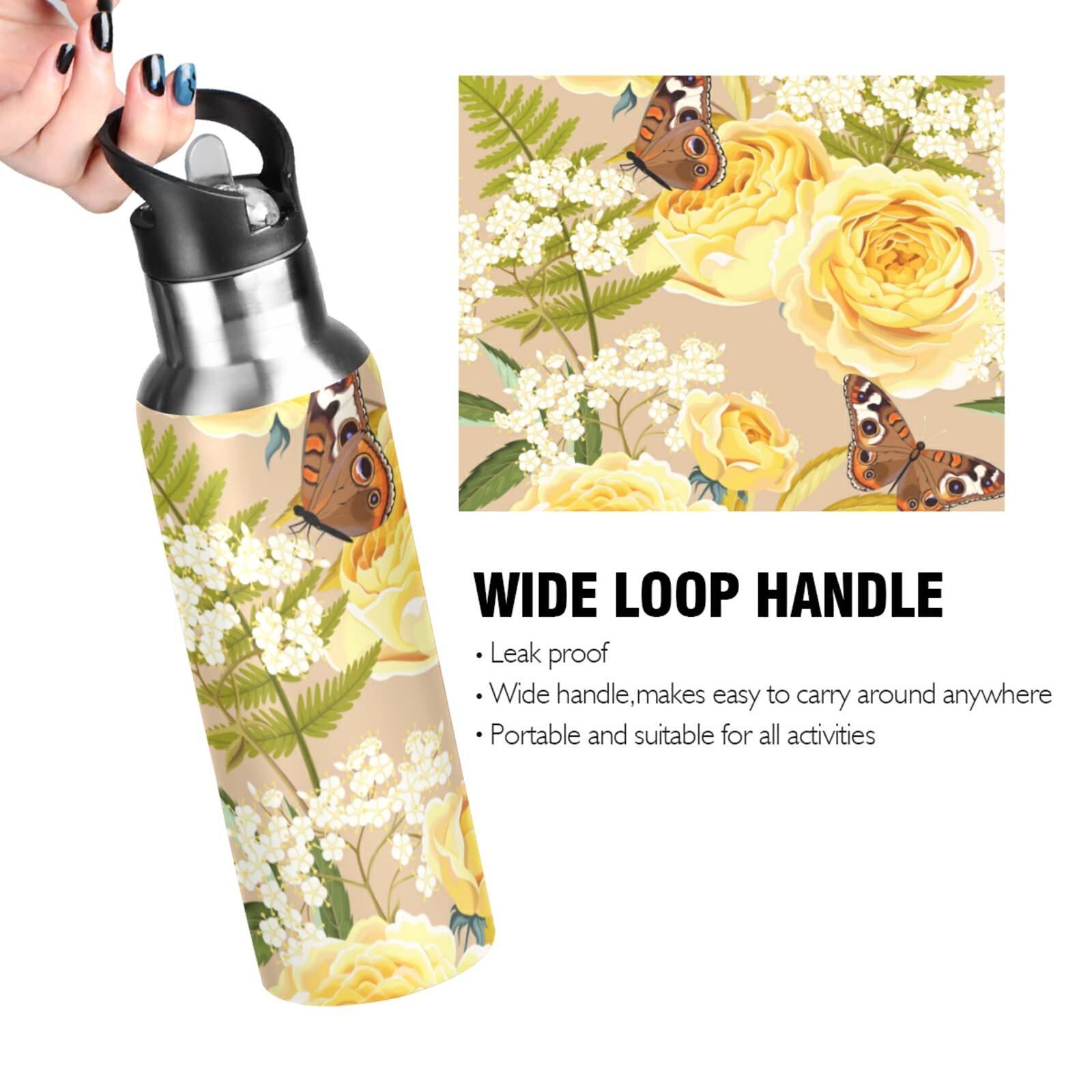 Kolibri Edelstahl-Wasserflasche 600 Ml – Isoliert, Mit Strohhalm, Motiv Wisteria Magnolie Schmetterlinge