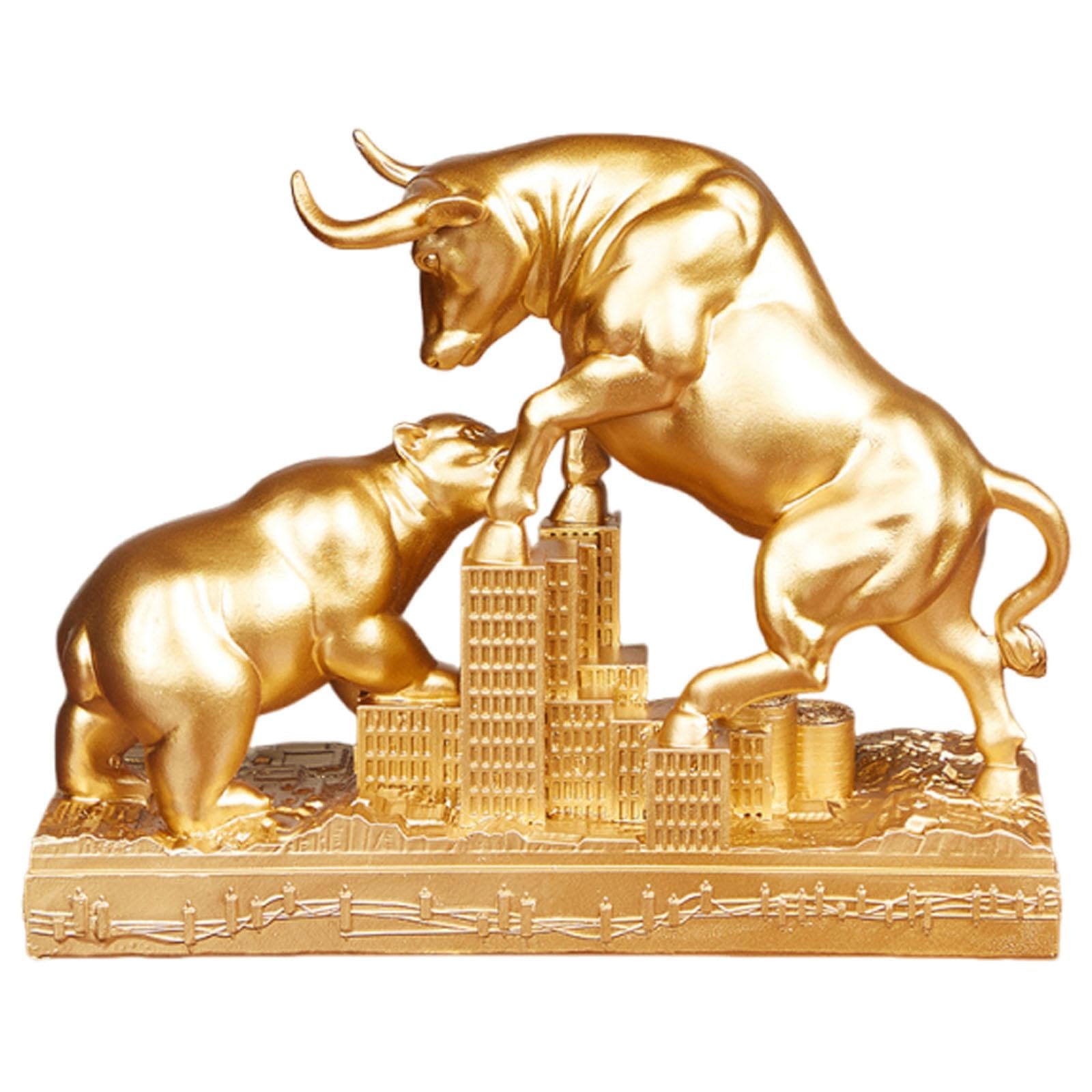 HouseVibe Bull and Bear Statue Resin Figurine, Wall Street Decor Animal Sculpture for Home Office Bookshelf- Gold