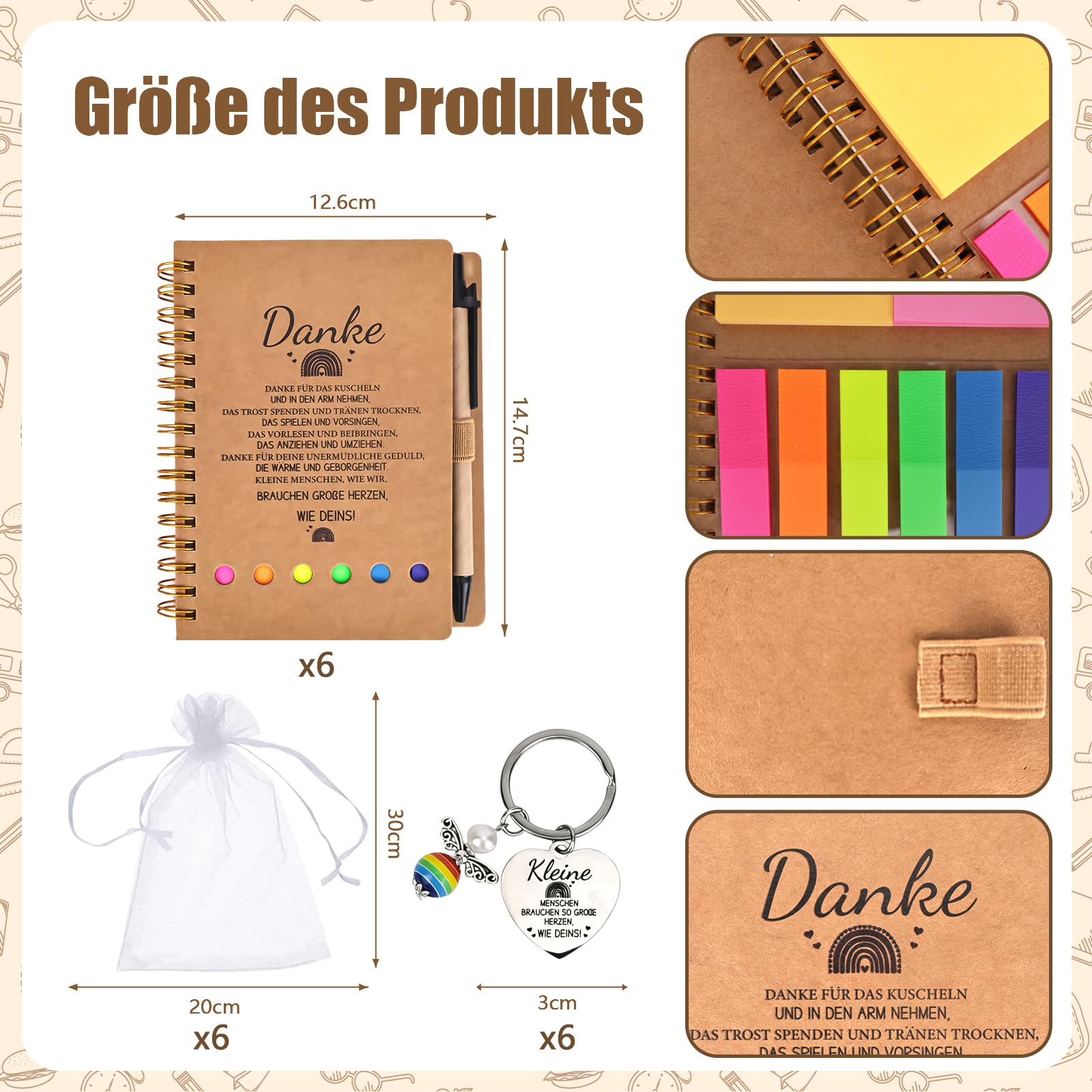 6er-Pack Abschiedsgeschenk Erzieherin, Inklusive Notizblöcke, Schlüsselanhänger, Organzabeutel, Dankeschön Geschenk für Erzieherin Lehrerin Lehrer, Abschied Geschenk, Kita Kindergarten Grundschule
