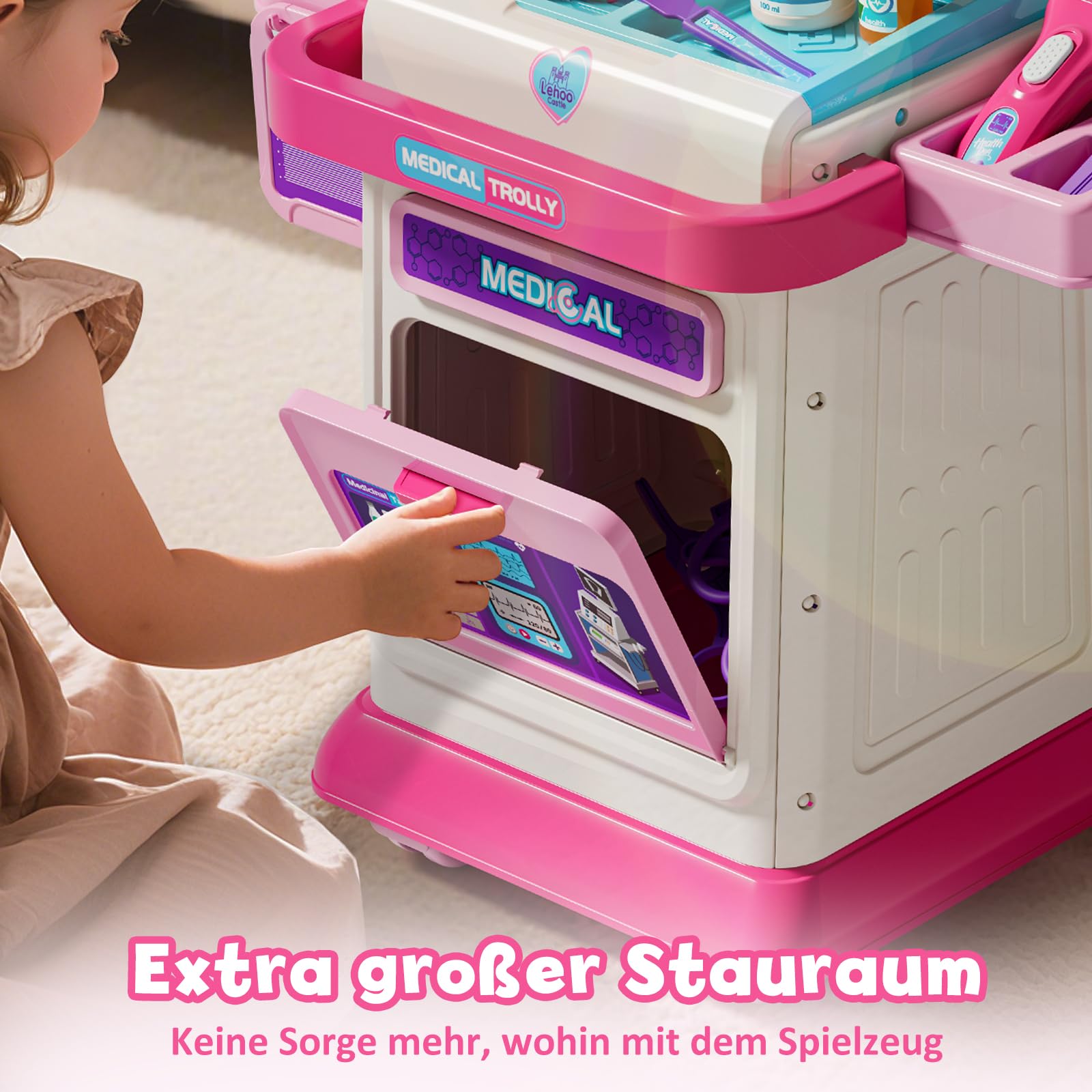 Lehoo Castle Arztkoffer Kinder, Arztwagen mit Ton & Licht, Doktorkoffer Kinder, Arztkoffer mit Stethoskop, Spielzeug ab 3 Jahre, Mädchen Geschenke 3 Jahre Medizinischer Kinderwagen(Rosa)