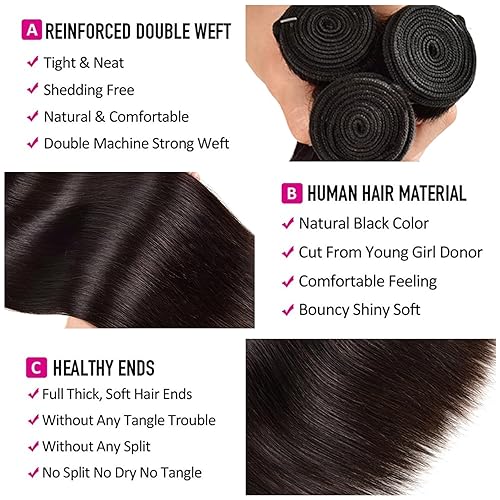 Miniatura 4 de Paquetes de cabello humano lacio de 18, 20, 22 pulgadas, 100% cabello virgen brasileño sin procesar, 3 manojos de extensiones de cabello humano,