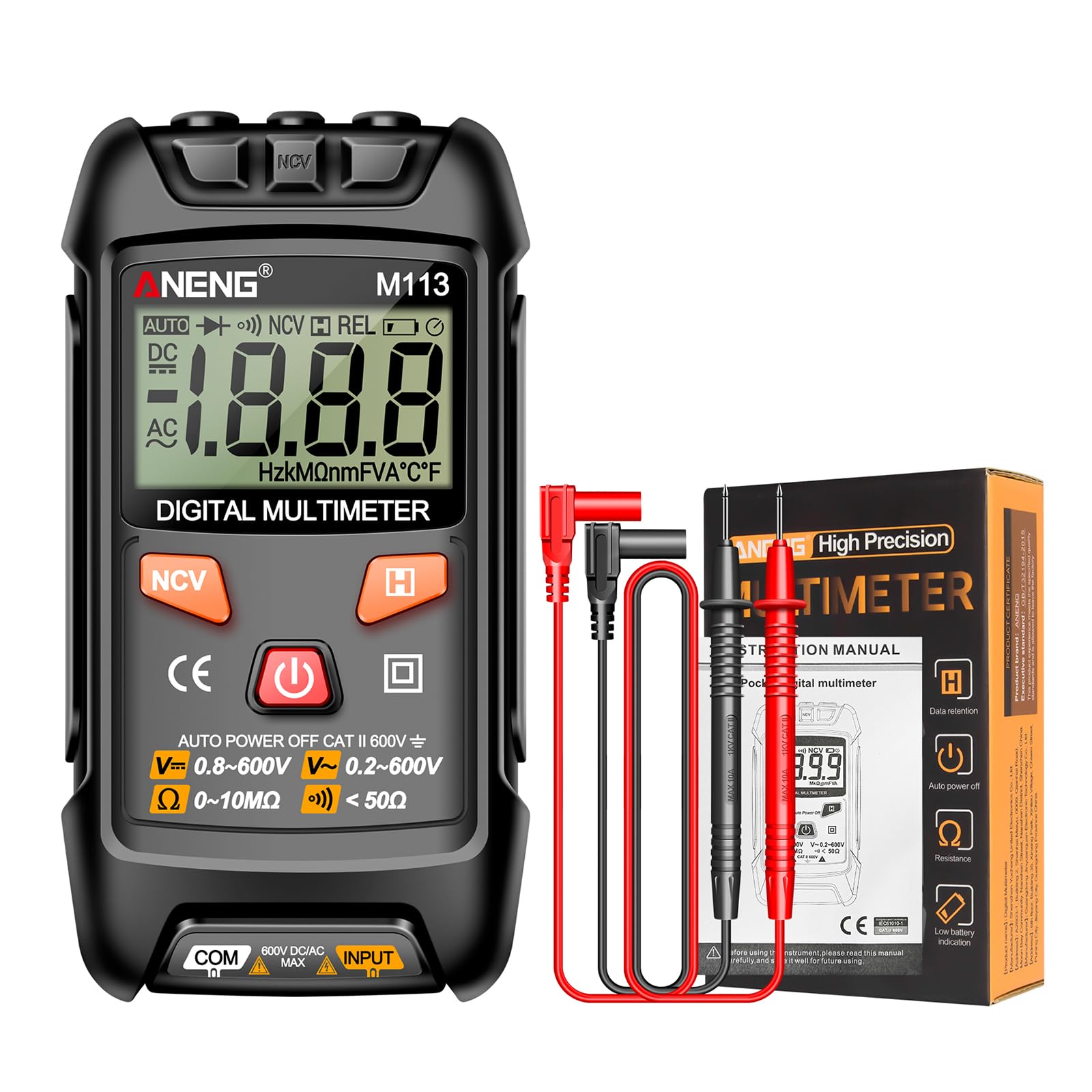 JAGTRADE Multimeter M113 Multimeter Tester Pen Voltage Detector Automatic Tester Capacitance Electric Electrician Tool Measure Current Meter, Grey