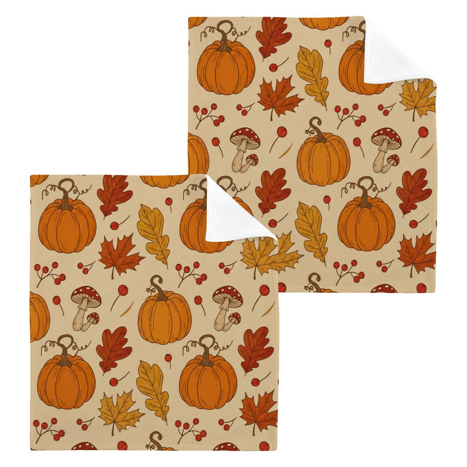BOESI Fall Maple Pumpkin 12x12in Cotton Washcloth,Soft Absorbent Face Towel