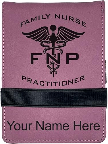 LaserGram Mini padfolio con bloc de notas y bolígrafo, enfermera practicante de la familia FNP, grabado personalizado incluido (rosa)