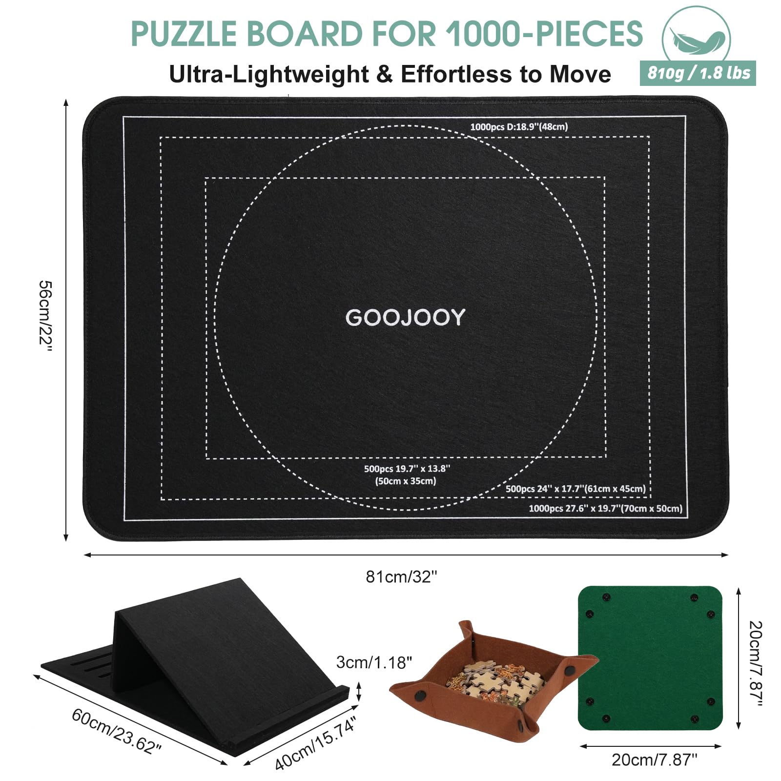 Plateau Puzzle 1000 Pièces avec Support Réglable Breveté à 5 Niveaux (33°, 31°, 28°, 23°, 17°), Planche Puzzles en Feutre avec 8 Trieurs et Couvercle, Antidérapante, Légère, Portable