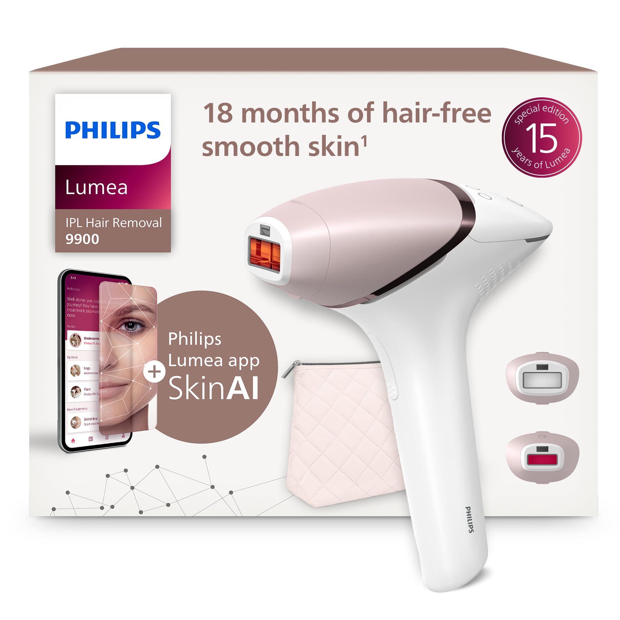 Philips Lumea 9900 urządzenie IPL do depilacji laserowej, alternatywa dla SenseIQ i SkinAI, 2 akcesoria do ciała i twarzy, BRI950/02