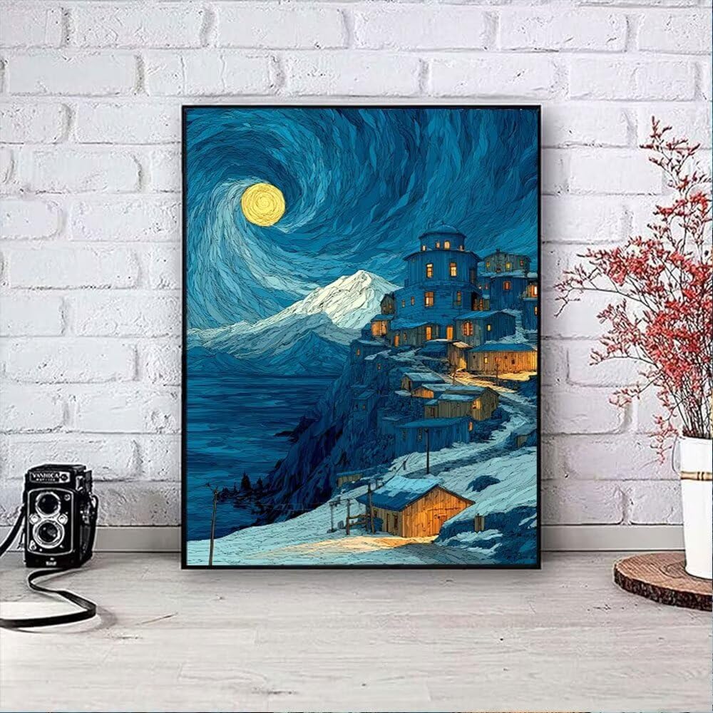 Diamond Painting GemäLde Nachthimmel Dorf, 5D Diamant Painting Bilder für Erwachsene und Kinder, DIY Mosaikherstellung Bastelset für Geschenke und Wandbilder Wanddekoration, Geschenke 100x130cm hJ4946