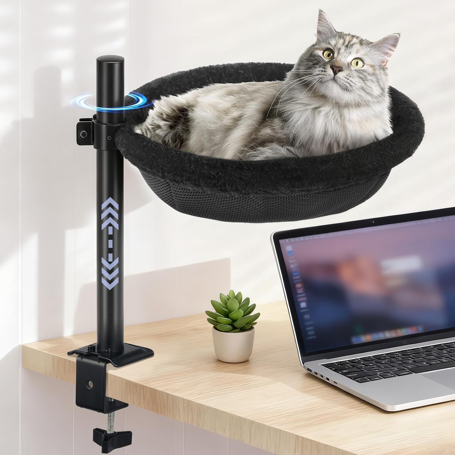 Cat Desk Bed - Machine Washable Reversible Cats Hammock for Large and Kitten - 360° Rotating & Height Adjustable - Supports Up to 45lbs - Indoor Cat Nest Furniture for Office & Game Tables - Black