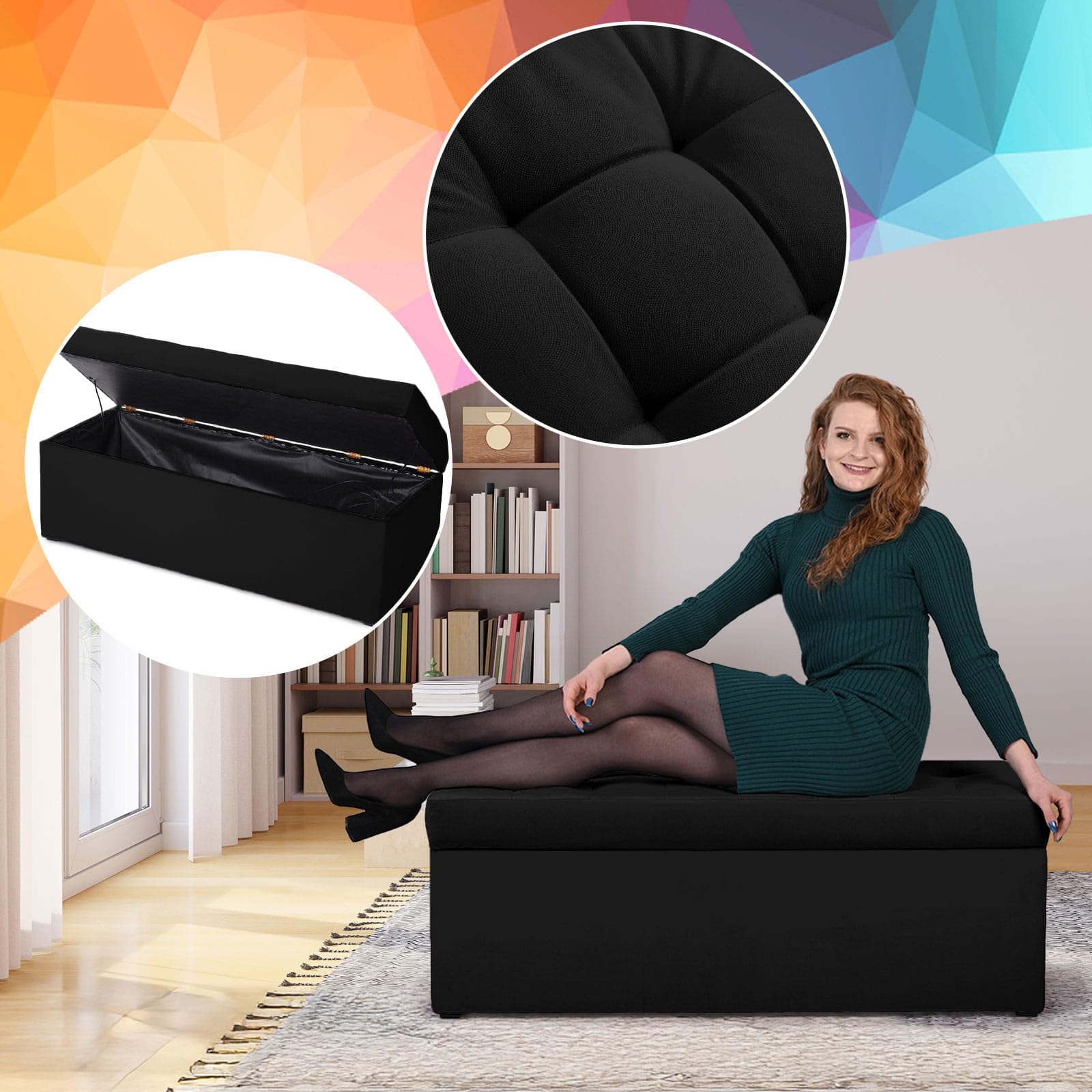 MG Design Pouf Coffre 45 x 120 cm Noir – Rangement 140 L, Charge 300 kg, Doux, Aspect Mat et Texture Fine, Facile à Nettoyer – pour Salon, Chambre, entrée
