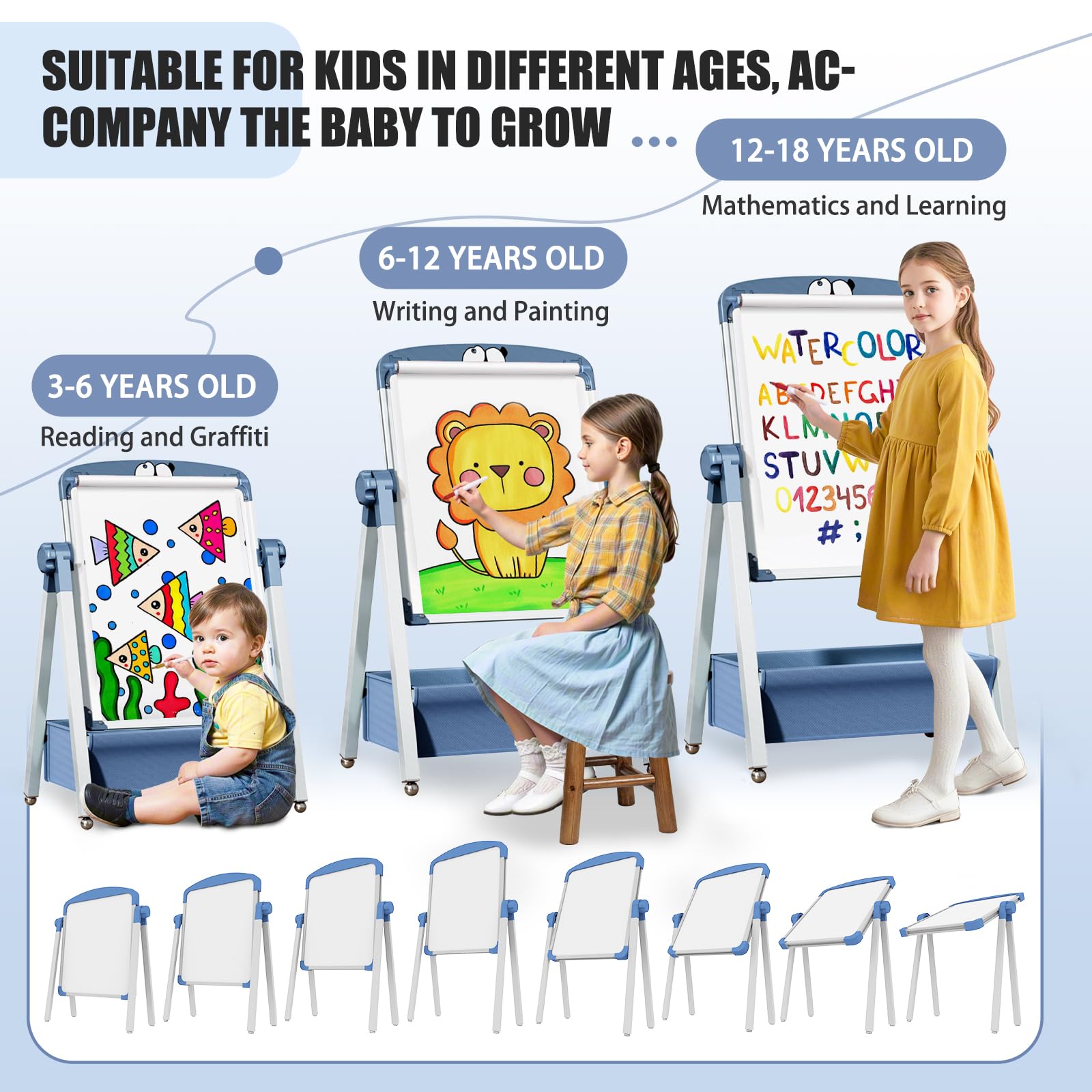 Chevalet Pour Enfants avec Rouleau de Papier 3 en 1 Double Face planche à dessin pliable, hauteur réglable Rotatif à 360 ° tableau blanc et noir avec lettres et chiffres pour garçons et filles