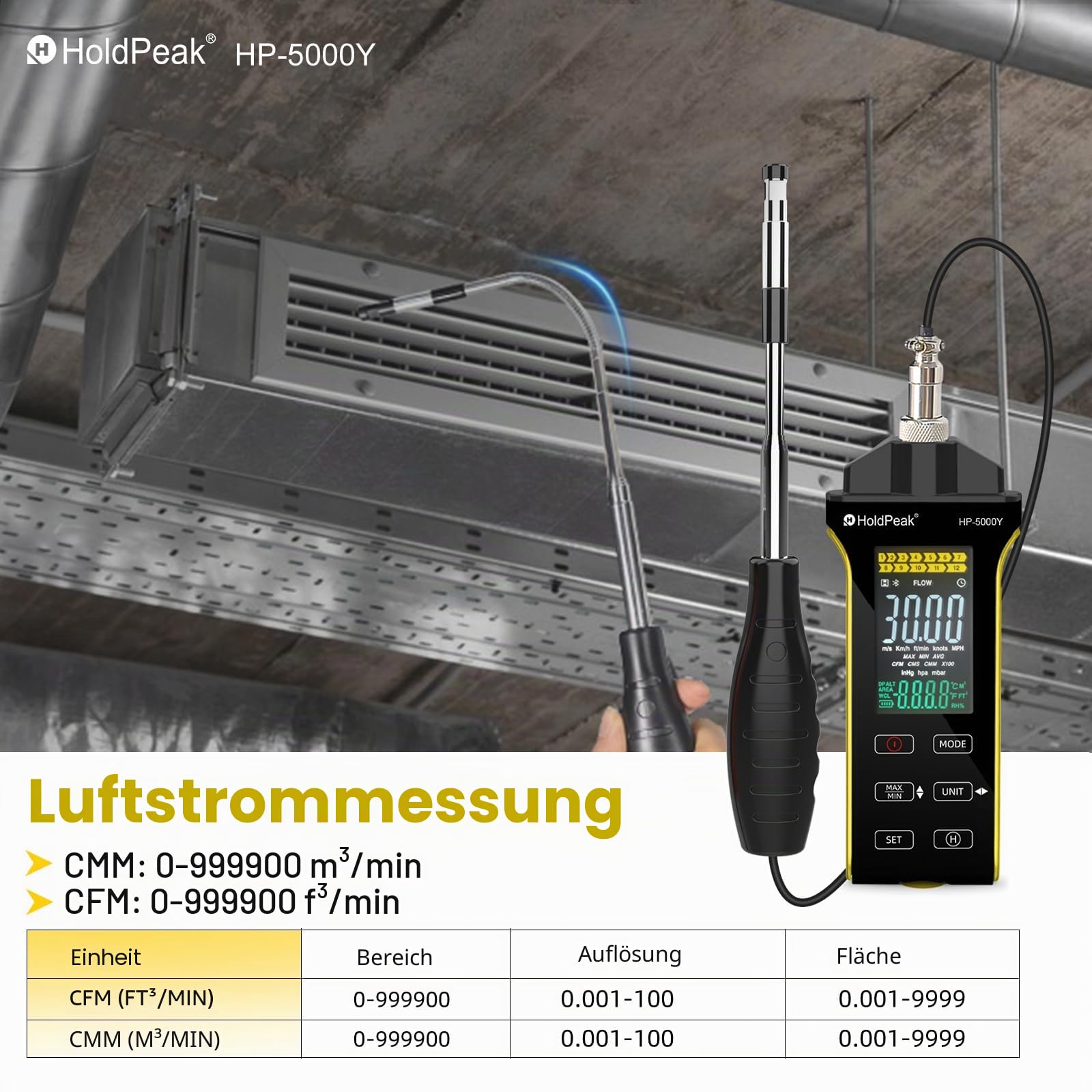 HOLDPEAK Profi-Heißdraht-Anemometer – Präzises digitales Windgeschwindigkeits-Messgerät für CFM/CMM, mit Temperaturmessung, Teleskopsonde, beleuchtetem Display und USB-Datenexport