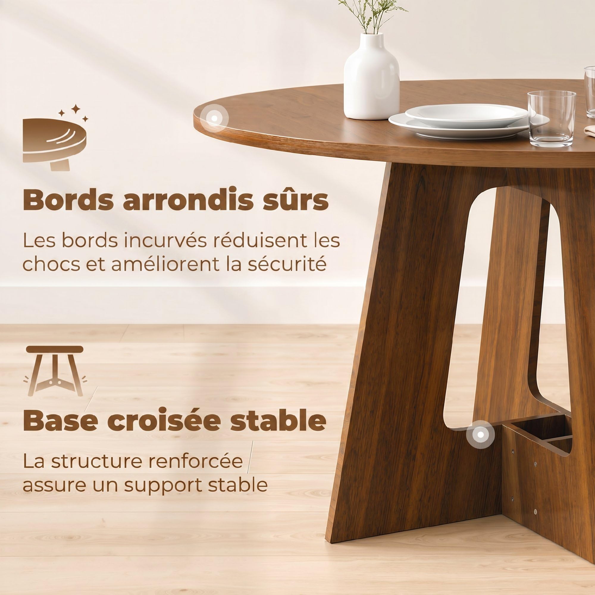 HOMCOM Table à Manger Ronde pour 4 Personnes, Ø 110 x 73,5 cm, Table de Cuisine avec Base croisée, Style Rustique, pour Salon, Salle à Manger, Marron