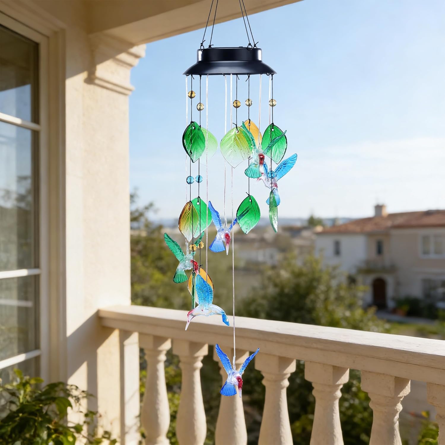 Colorful Hummingbird Wind Chimes with Solar-Powered Flashing Lights, 13 Inch Colorful Shell Hanging Decor for Outdoor Garden Patio Yard Home Indoor Outdoor Wall Window Decor