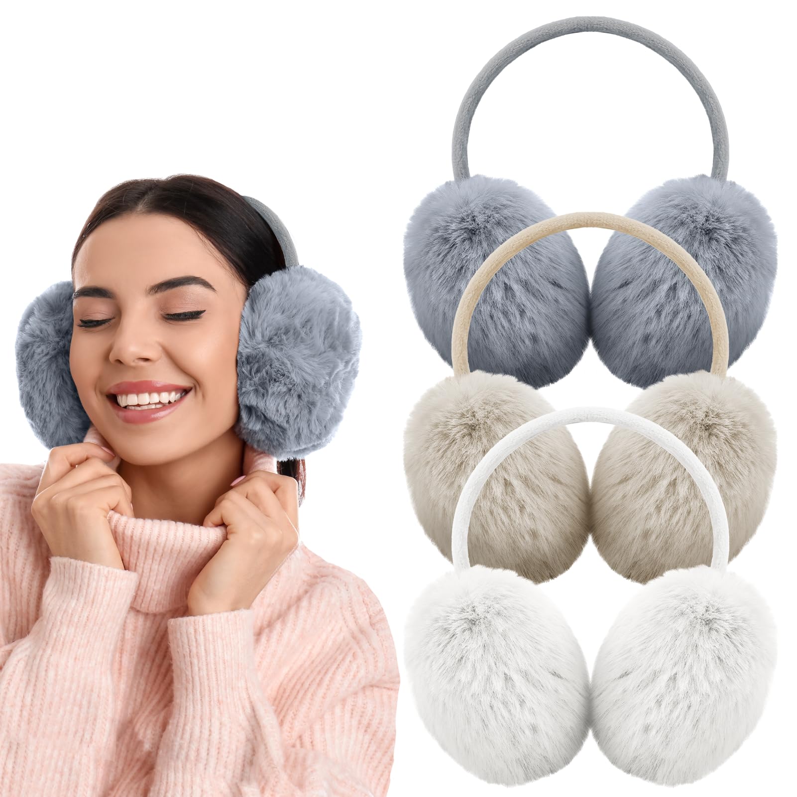 3 PCS Adjustable Winter Ear Muffs Faux Fur Warmers Cute Fuzzy Earmuffs Soft Warm Ear Covering for Women Girls-image-31