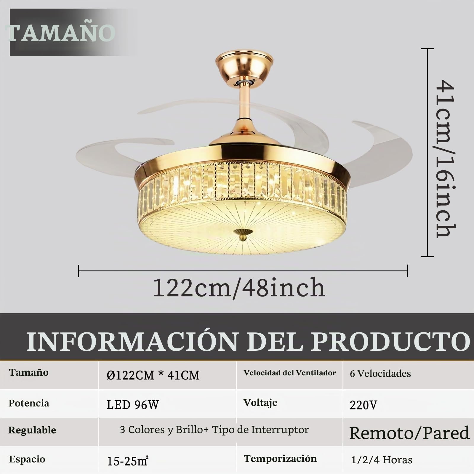 Cristal Lampara con Ventilador de Techo - Aspas Retráctiles Silencioso con Luz y Mando a Distancia CC Reversible, 6 Velocidades, 3 Colores Moderno - Golden||122CM