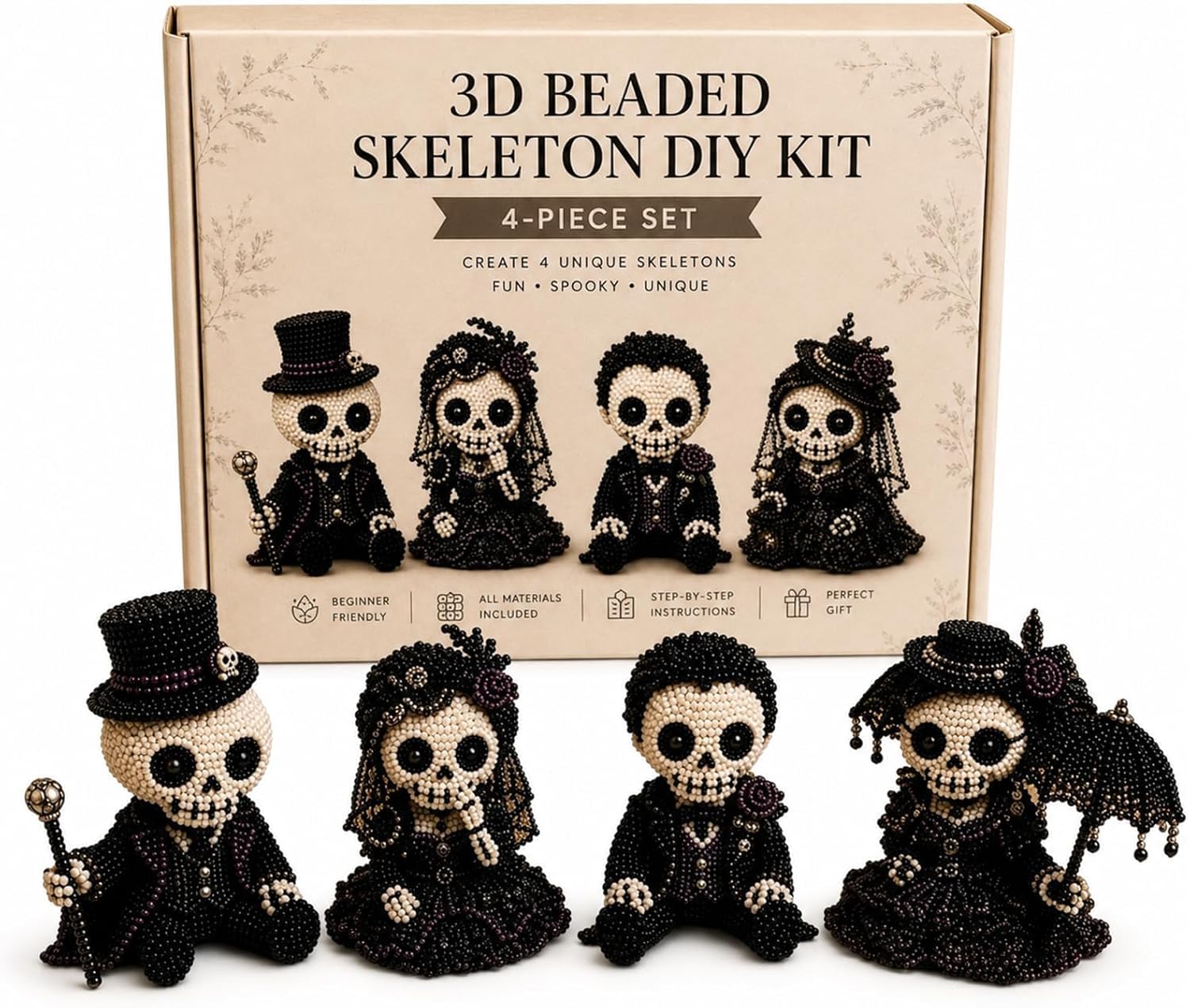 3D Beaded Skeleton DIY Kit 2026, Cute Skull Skeleton Bead Craft Set, Beginner Friendly Halloween Beading Set with Beads Instruction, Handmade Skeleton Figurine Making Kit for Home Decor Gifts (01)
