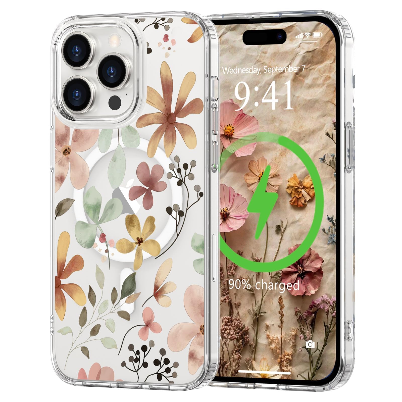 L-FADNUT Magnetisch Handyhülle für iPhone 14 Pro Hülle Kompatibel mit MagSafe, Transparent Blumen Muster Schutzhülle Hart PC Rückseite Dünne Stoßfest Kratzfestes Case für iPhone 14 Pro, Braun