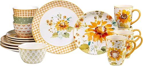Certified International Sunflowers Forever - Juego de vajilla de 16 piezas, servicio para 4, multicolor