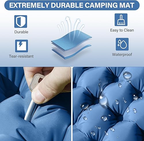 Miniatura 4 de Colchoneta de dormir doble  Autoinflable de 4 pulgadas extra gruesa para 2 personas con almohada con bomba de pie incorporada, alfombrilla inflable