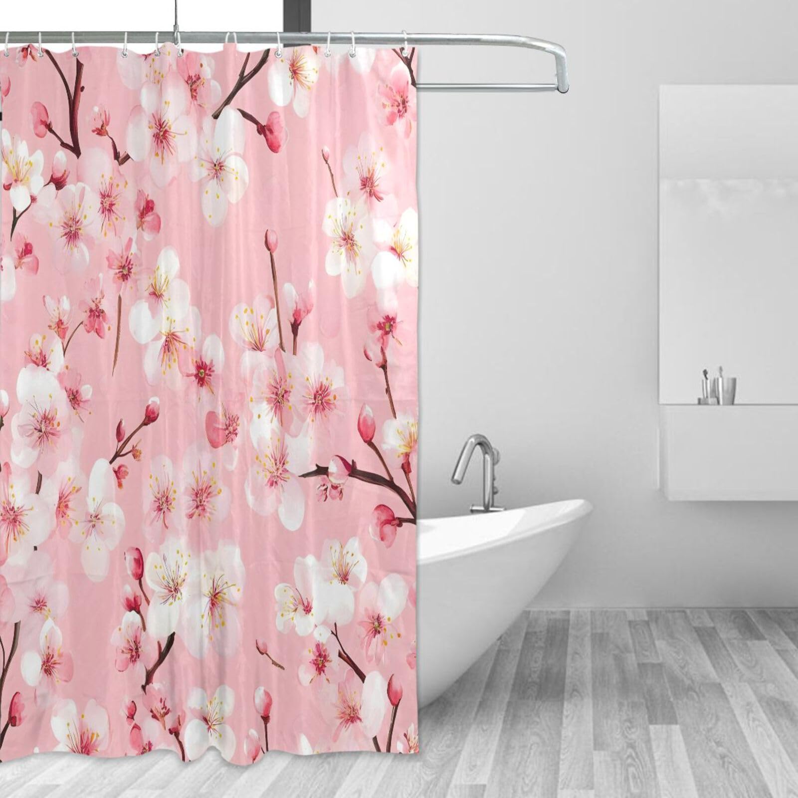 Rideau de douche tissu japonais motif cerises 157x183cm imperméable lavable avec 12 crochets