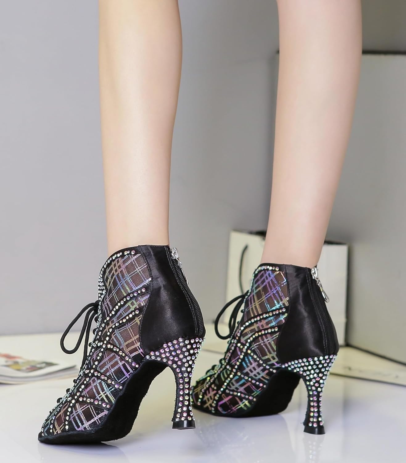 Hanfike Dancing Boots for Women Summer Wedding Evening Ankle Sandals Shoes L434 Black 3.5" Heel US 4.5