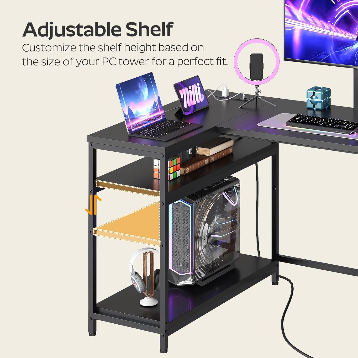 L Shaped Computer Desk with Adjustable Monitor Stand, Gaming Desk with Power Outlets, Office Desk with Fabric Drawer, File Drawer and Hook, for Living Room, Home Office, Black DN03UBB