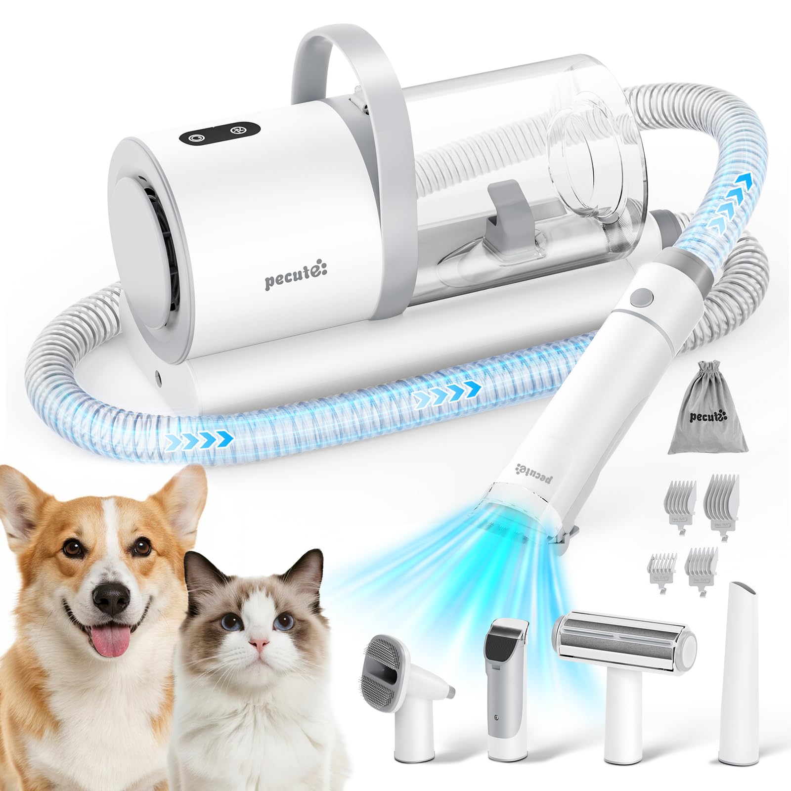 Pecute Aspira Peli Cane, Aspirapolvere Potente per Cani, 12000 Pa, 4 in 1 Professionale Kit Toelettatura Cane, Succhia Il 99,99% dei Peli di Cani e Gatto, 1,5L con 4 Accessori per La Cura, Bianco