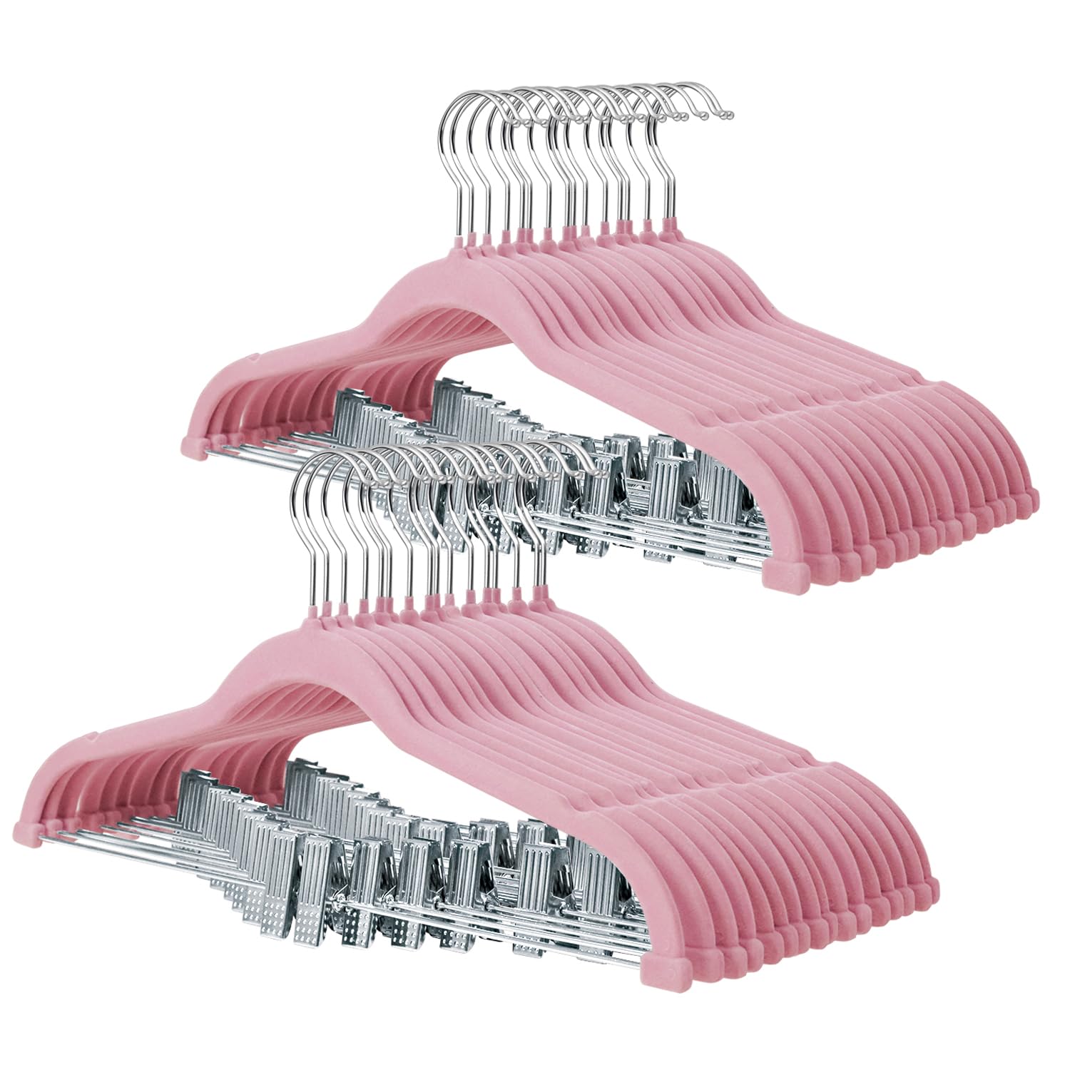 ManGotree Velvet Skirt Hangers with Movable Clips, Non-Slip Felt Trousers Hangers, Space-Saving Clothes Hangers for Shirts, Pants, Dresses, Skirts, Coats (32 Pack, Pink) โ image 1