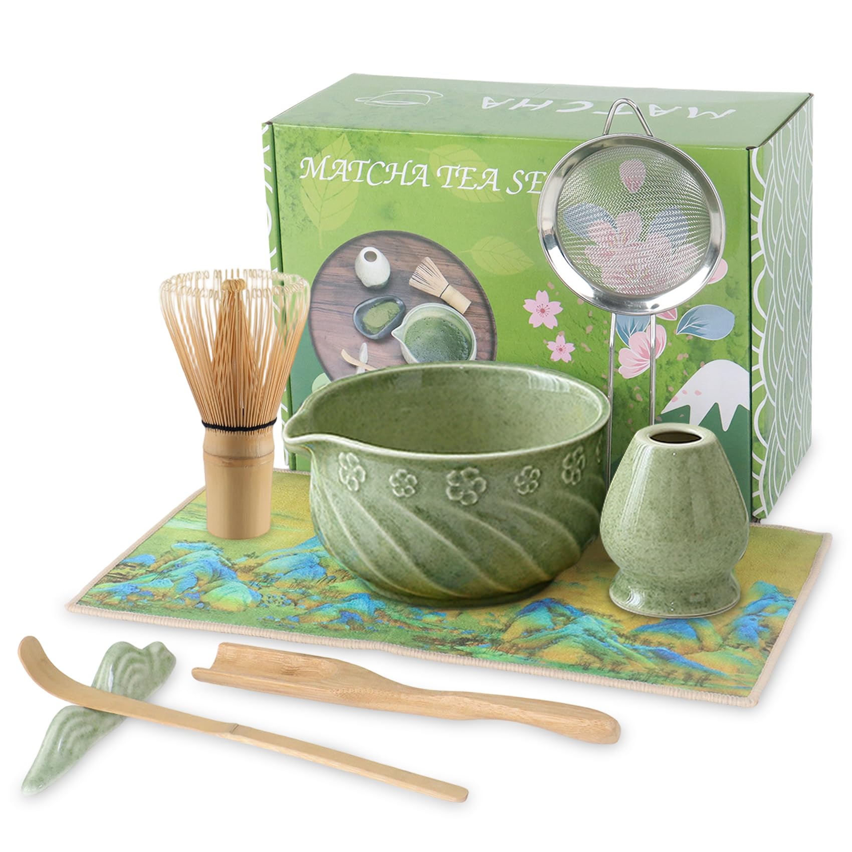 Kit de démarrage pour la fabrication de matcha en céramique verte avec fouet et bol - 8 pièces