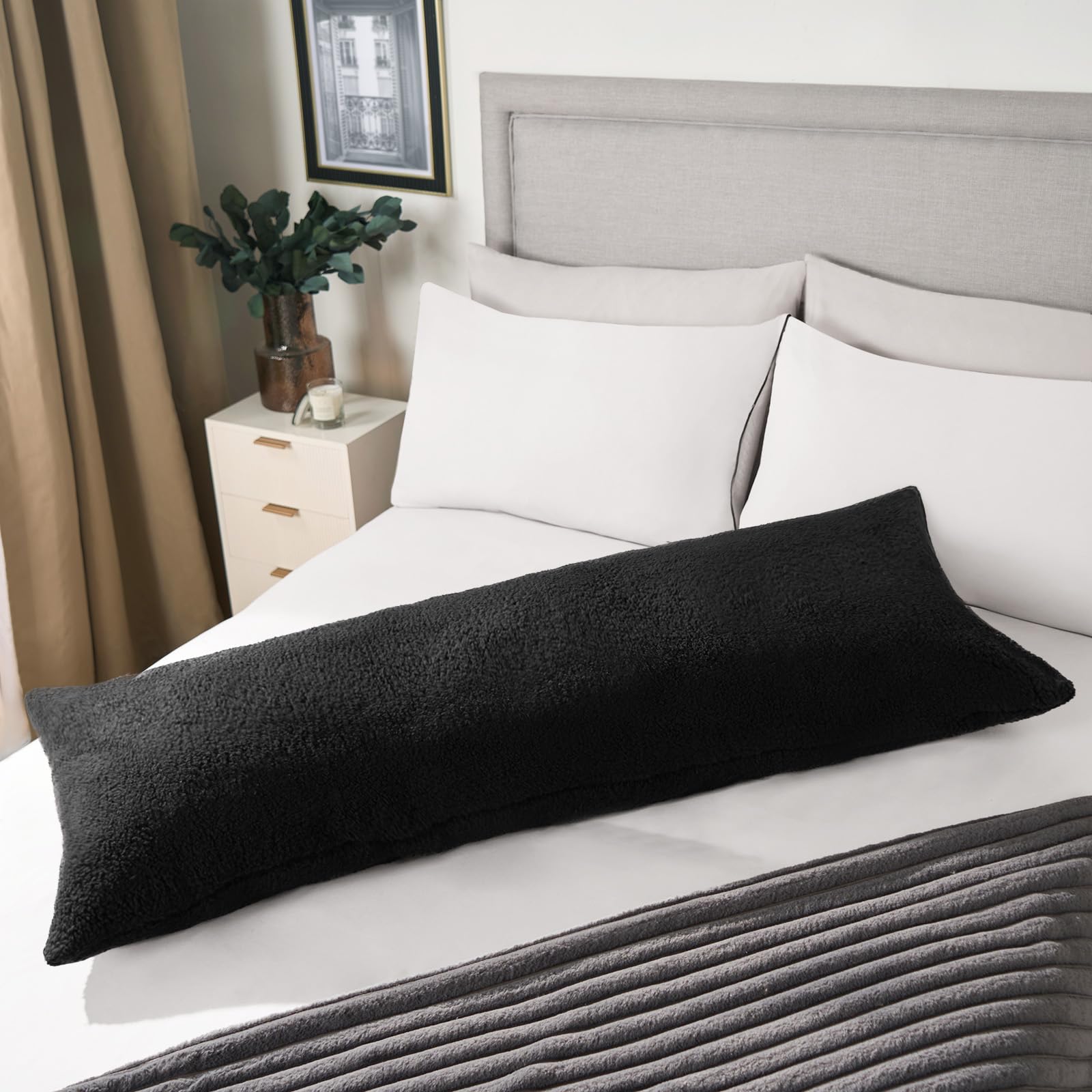 Teddy Fleece Bolster Pillow - 137cm Long - Pregnancy Support Cushion - Neck & Body Pillow - Black