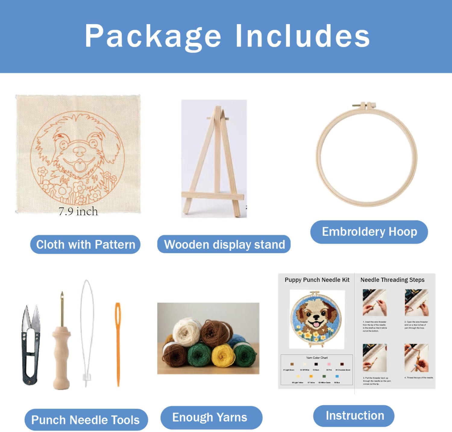 TINKAZ Smiling Dog Punch Needle Kit for Beginners, DIY Embroidery Starter Set with Yarn, Fabric & Hoop, Cute Handmade Needlepoint Craft Kit for Home Décor & Gift