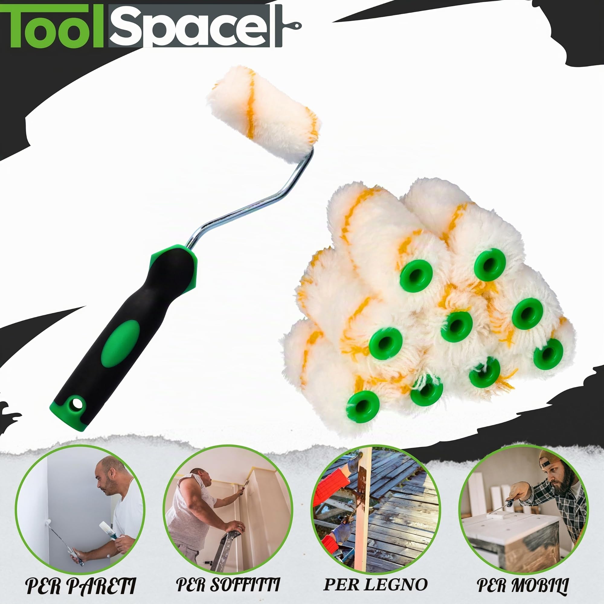 ToolSpace 10 Pezzi Rullo per Pittura - 7 cm Rulli Set Poliacryl con Pelo Lungo - Rulino per Verniciatura Verniciare - Ricambio con Manico per Porte - Kit Pitturare Pareti Interni Esterni - Superfici