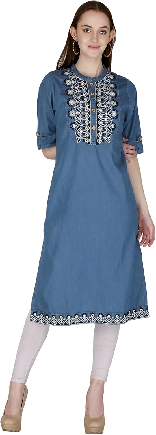 HI-FASHION Embroidered Denim Kurti For Women || Indian Tunic Top Patch Work Denim Straight Kurta For Women's And Girls