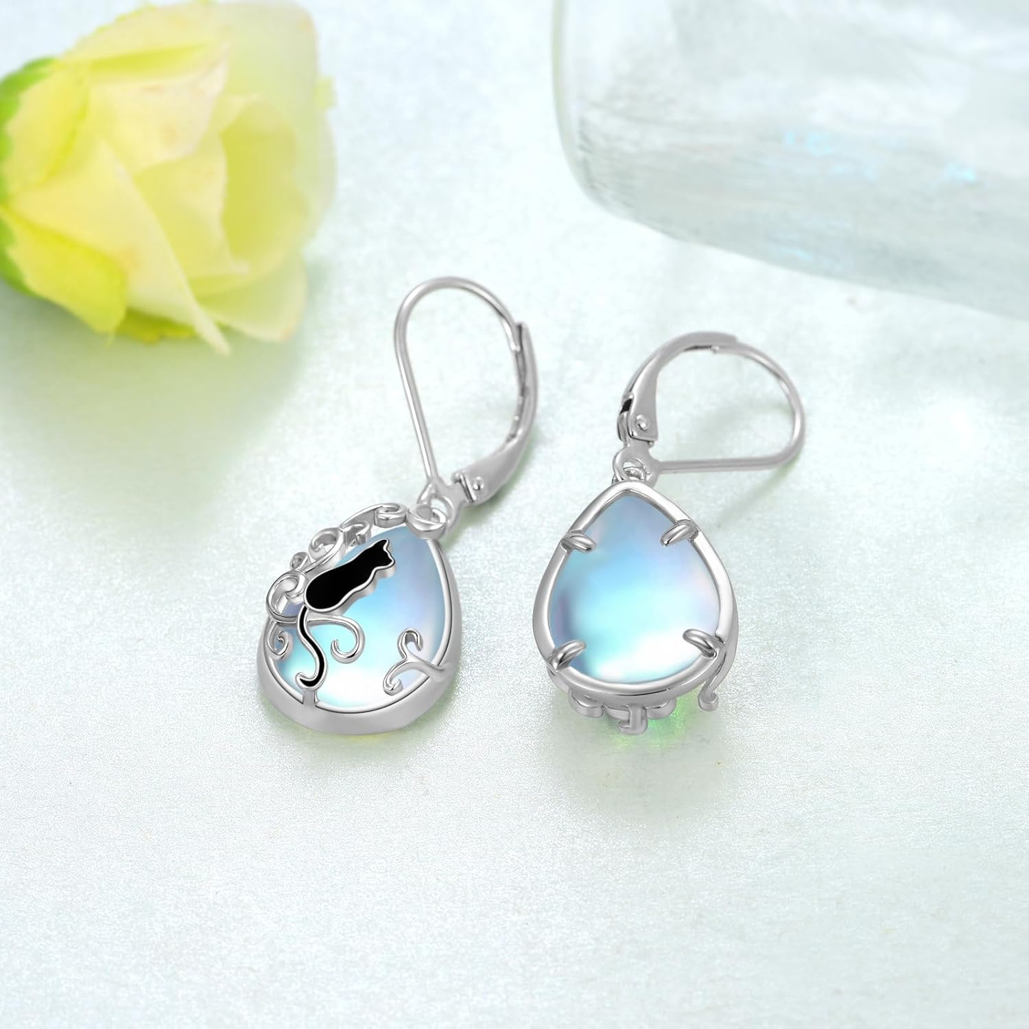 Black Cat Earrings 925 Sterling Silver Moon Black Cat Drop Earrings Cat Earrings for Women Wife Mom - Image 6