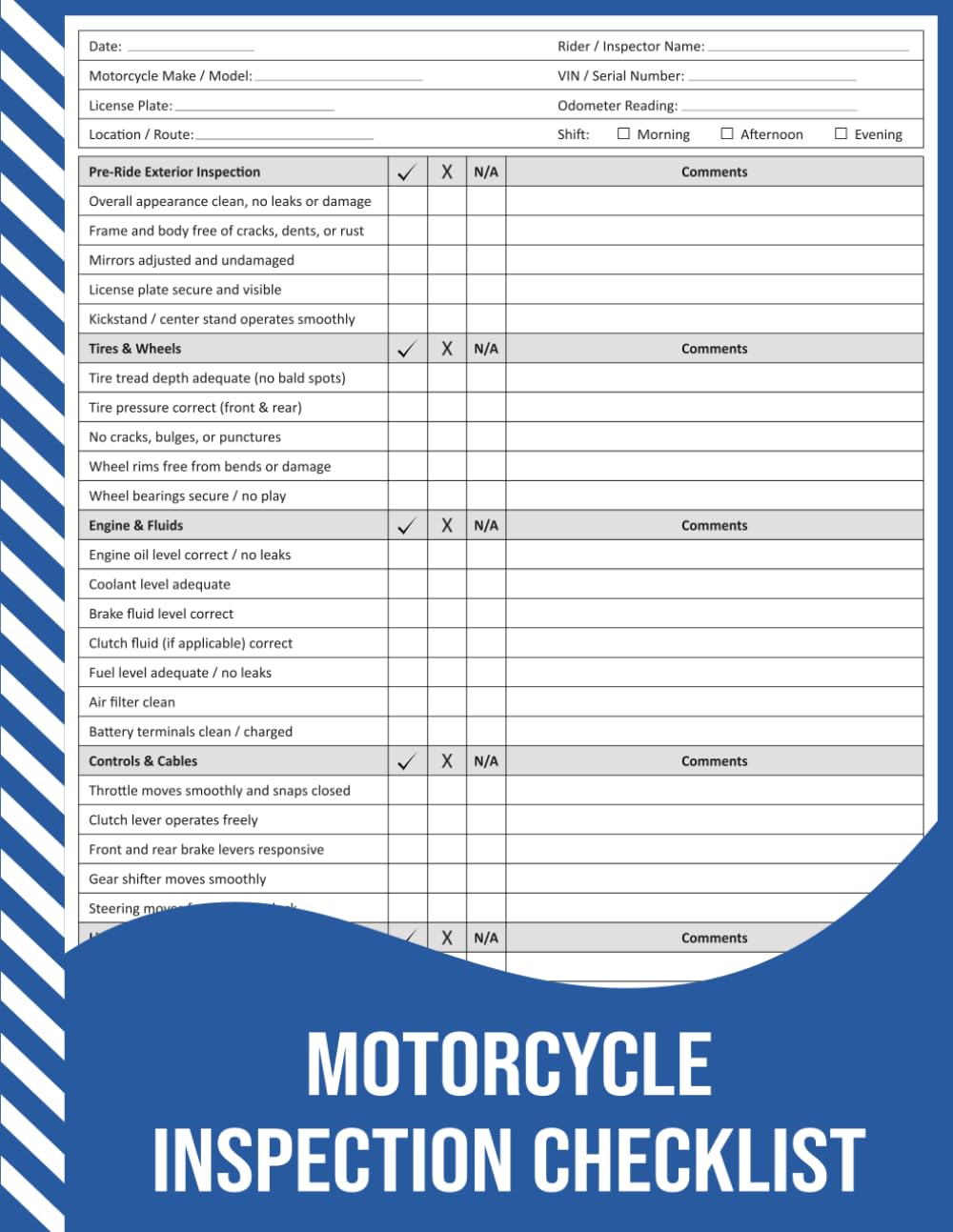 Motorcycle Inspection Checklist: Pre-Ride Motorcycle Safety Inspection Record for Daily Use and Road Readiness.