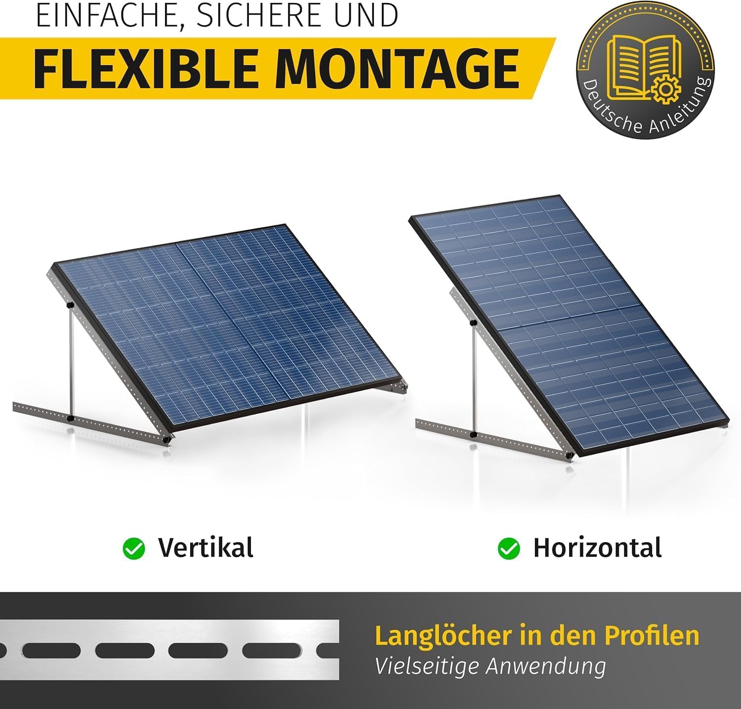 Avoltik Balkonkraftwerk Halterung im 2er Set (bis 114cm) I Halterung für 2 Solarpanel-Module I Verstellbar von 0-90° I Ideal für Dach, Balkon & Boden