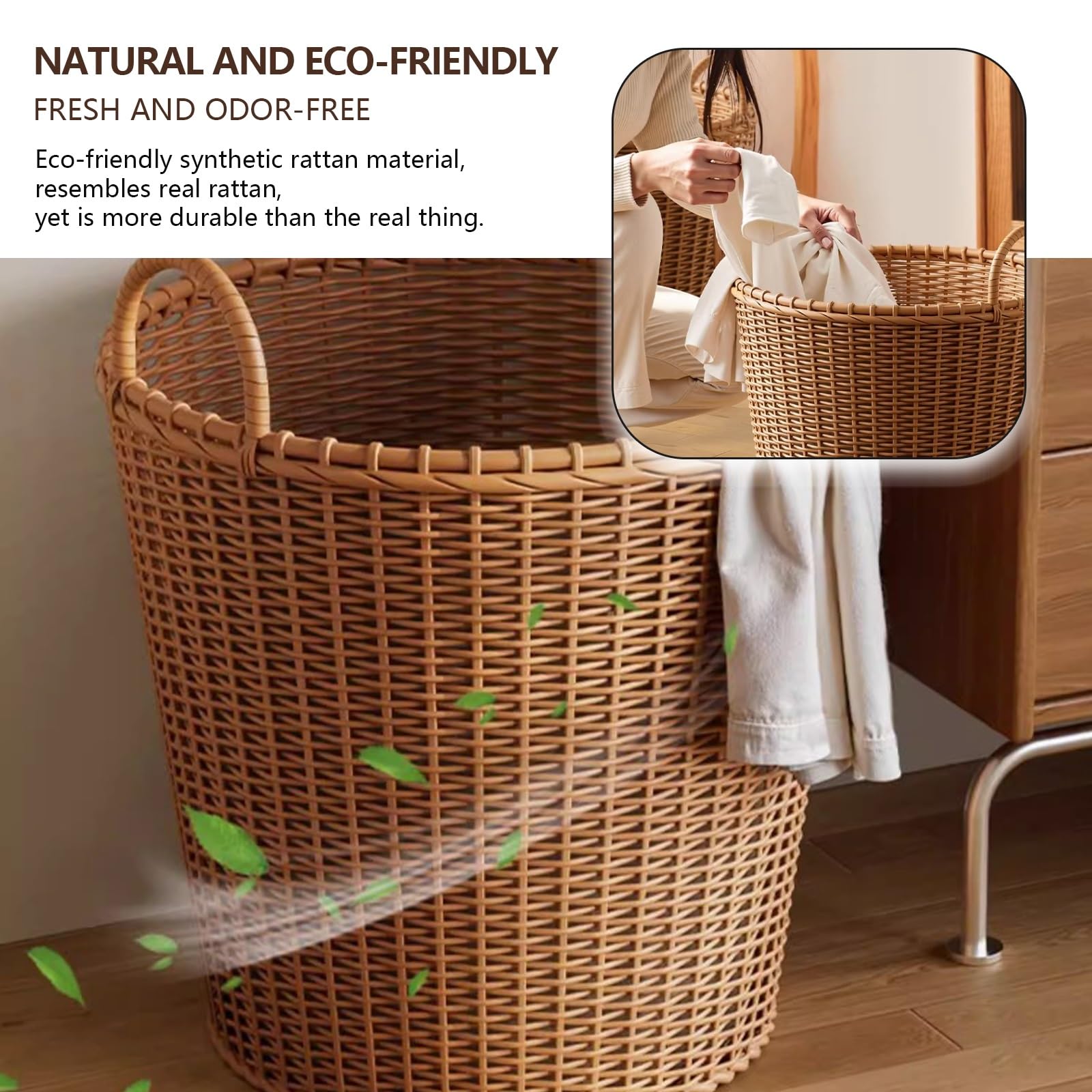 Cesto Portabiancheria Intrecciato, Cesto Biancheria Sporca Rotondi in Finto Rattan, Cesti Multifunzionali con Manici, per L'organizzazione e L'arredamento Della Casa(40x38cm/15.7x14.9in)
