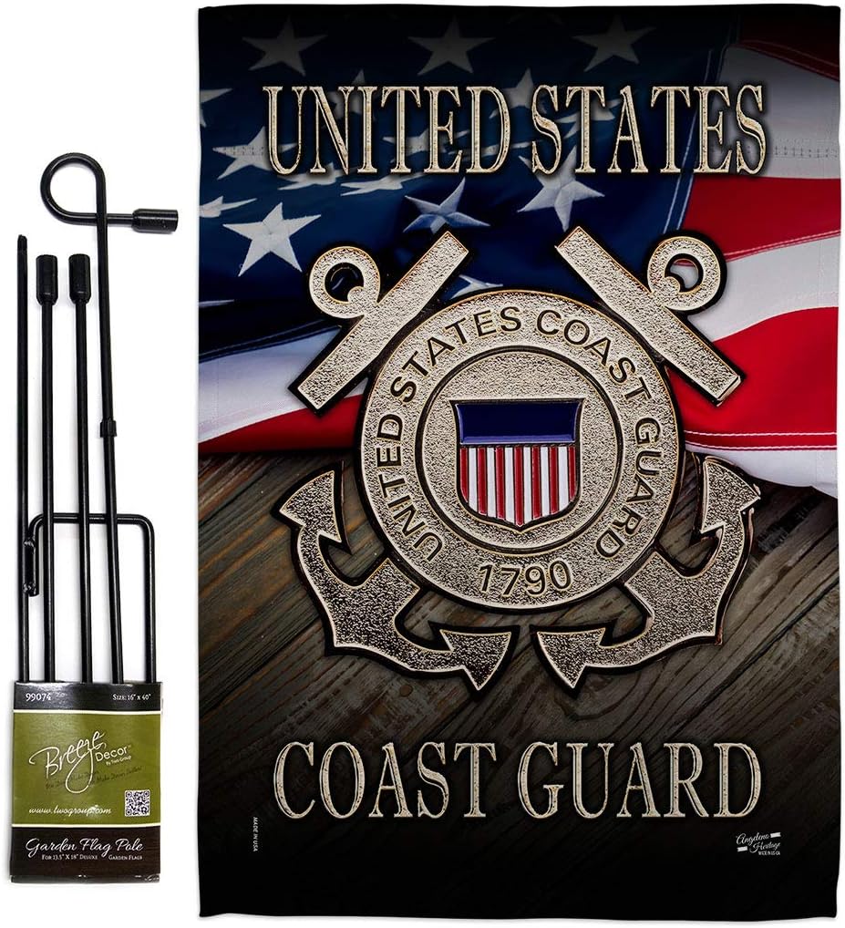 US Coast Guard Garden Flag Set with Stand Armed Forces USCG Semper Paratus United State American Military Veteran Retire Official Small Gift Yard House Banner Double-Sided Made In USA 13 X 18.5