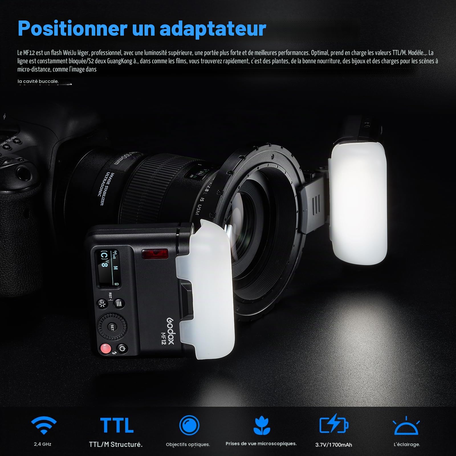 GODOX MF12-K2 Macro Flash avec XproII-C, filtre coloré, 2,4 G Wireless Control, TTL/M, batterie au lithium 3,7 V/6,29 W, compatible avec Nikon, Sony, Canon, Fuji, Olympus