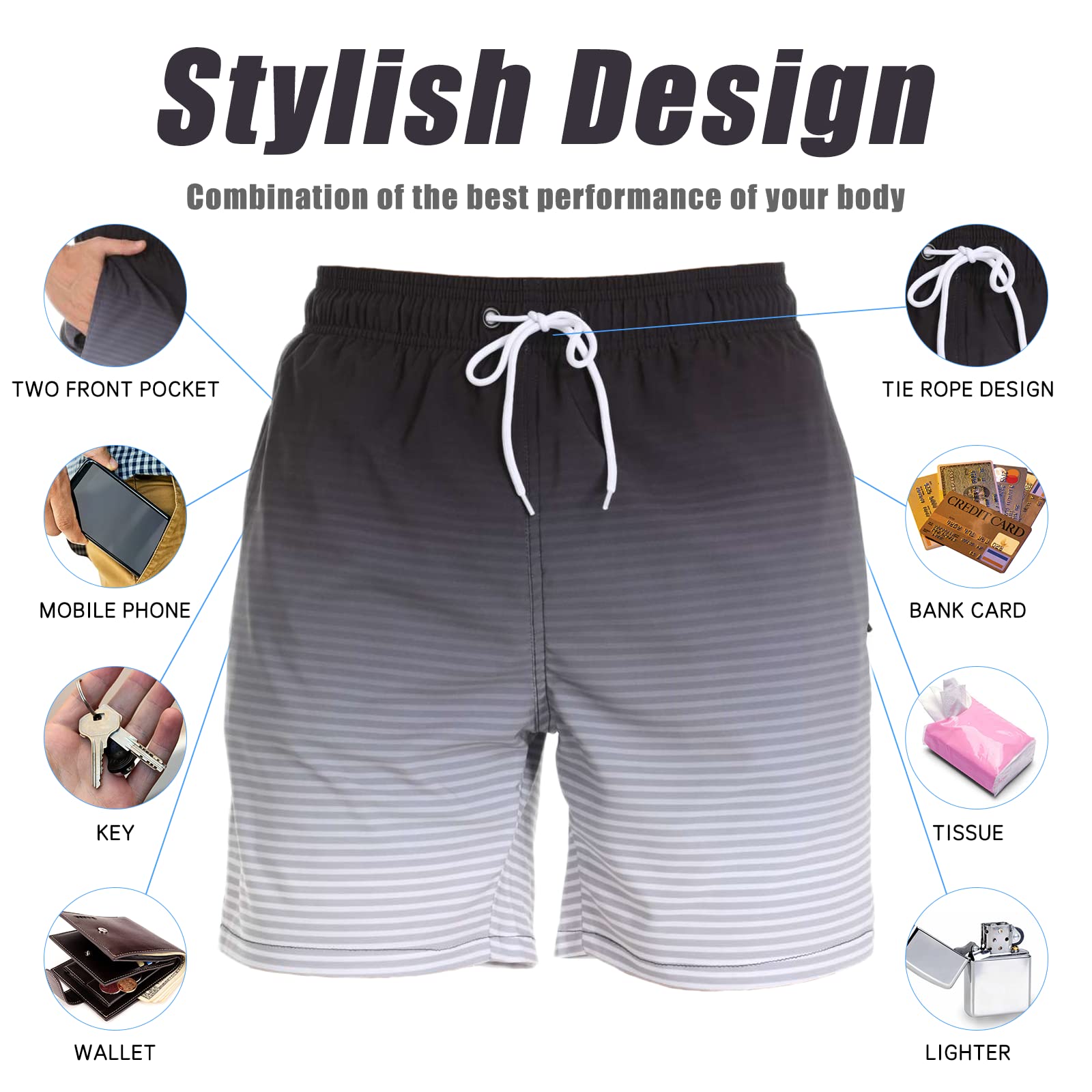 Bañador Hombre Shorts de Baño 2 en 1 con Forro de Compresión Pantalones Cortos de Natación Elásticos de Secado Rápido Shorts de Playa con 2 Bolsillos con Cremallera