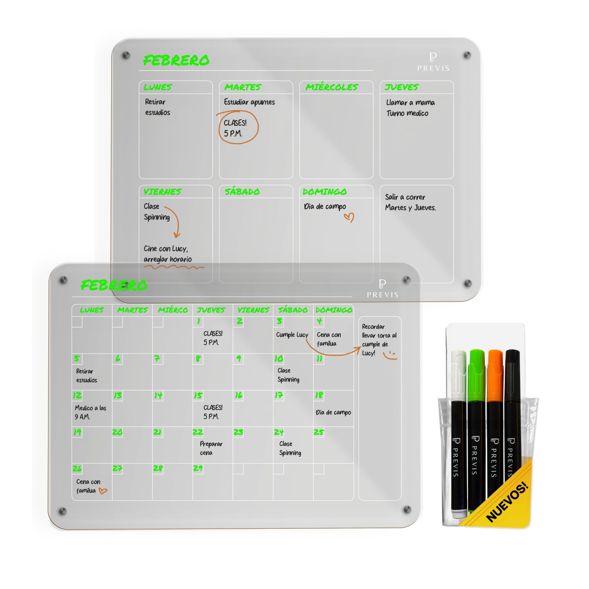 PREVIS Kit de 2 Pizarra Magnetica Nevera Transparente Acrilica A3 (30x40CM) (Semanal + Mensual) + 4 Rotuladores - 2X Acrylic Magnetic Dry Erase Board- Planifica y Decora tu Frigorifico con Estilo