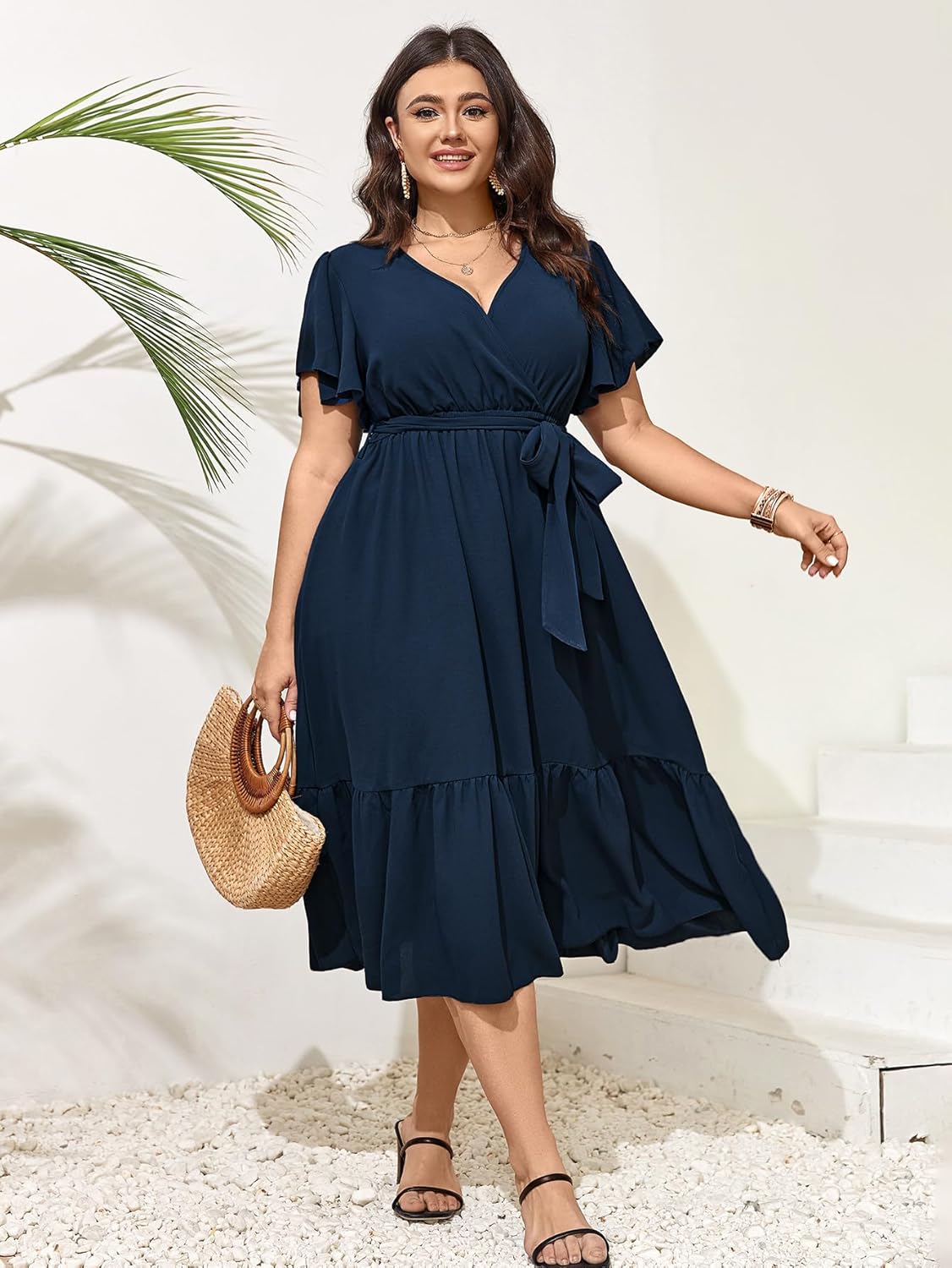 SCOMCHIC Womens Plus Size Wedding Guest Dresses Summer Wrap V Neck Short Sleeve Belted Ruffle Hem A-Line Flowy Maxi Dress - Image 2