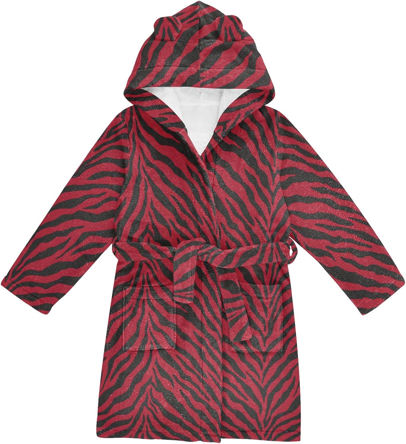 Red Stripes Pattern Toddler Hooded Bathrobe for Boys Girls Soft Plush Bath Towel Robe 2-12 Years