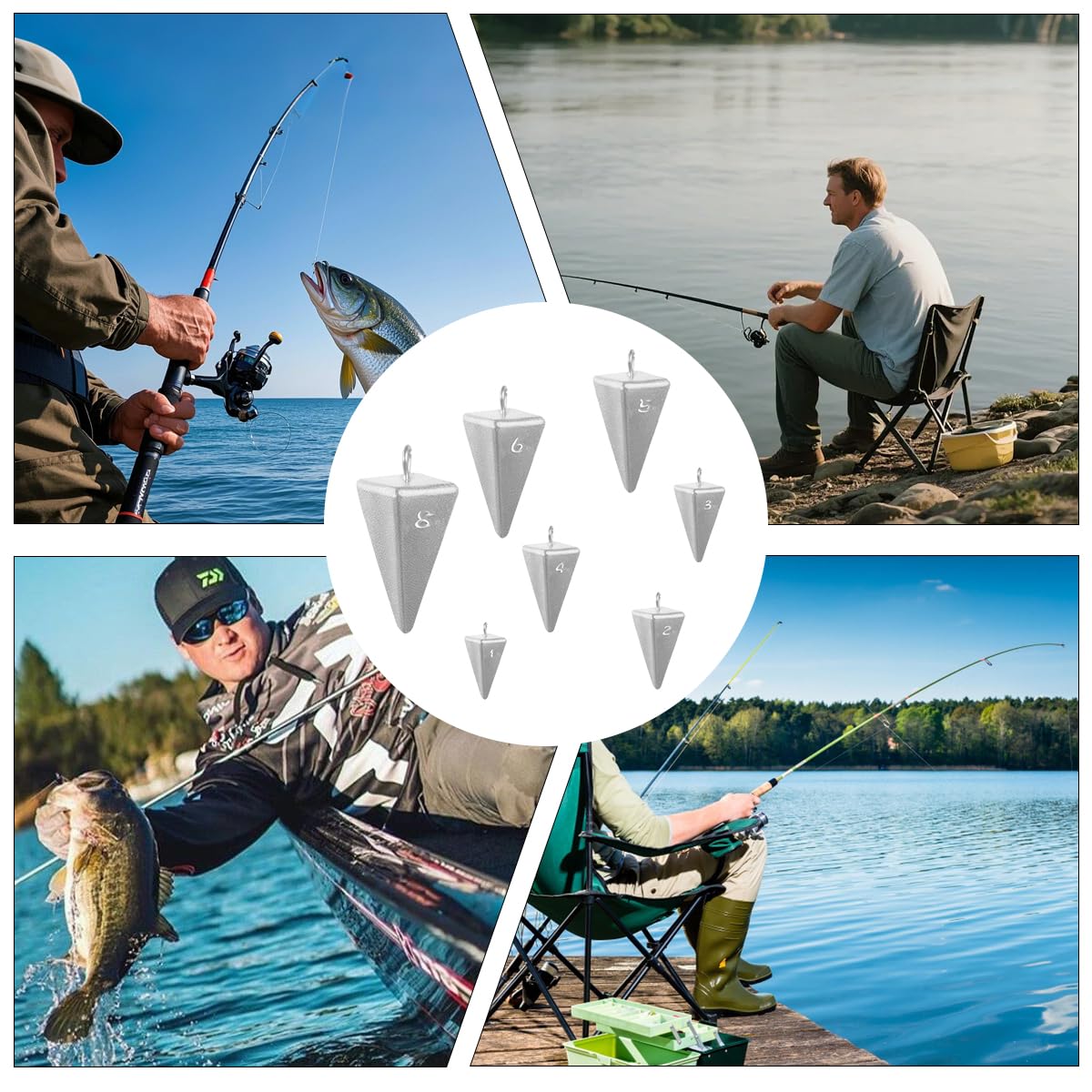 Juego surtido de pesas de pesca de pirámide, 18 plomos piramidales de plomo de 1 onza, 2 onzas, 85 g, 4 onzas, 5 onzas, 6 onzas, 8 onzas con 2 toboganes, pesas de pesca de surf para aparejos de pesca
