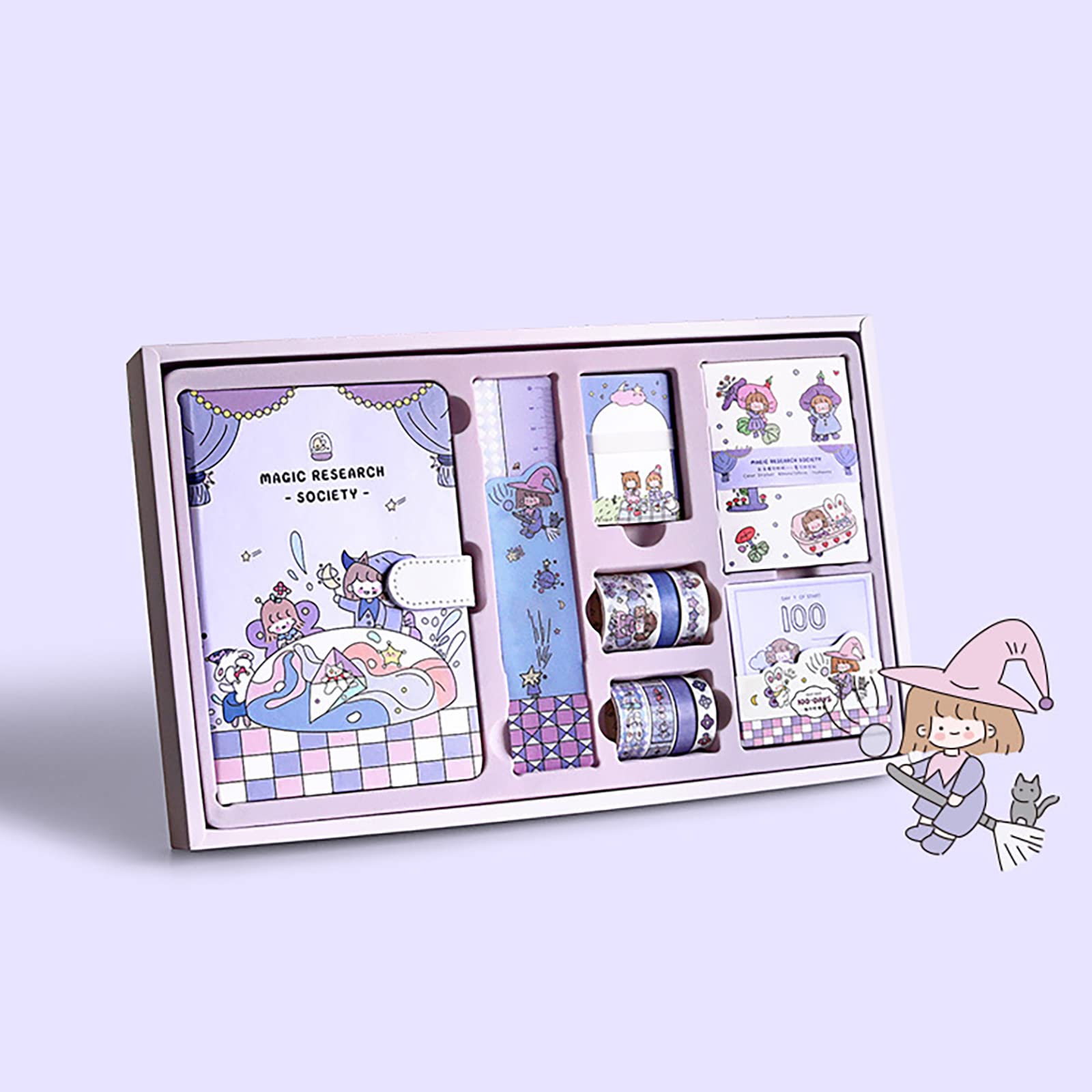 Doraking Cartoon Memo Set, Washi Sticker, Ruler, Bookmark, 21 Days Habit, Memo, Notes Writing Pads Scrapbook with 7 Rolls Masking Tapes for Planning, 100 Days Countdown (Purple)