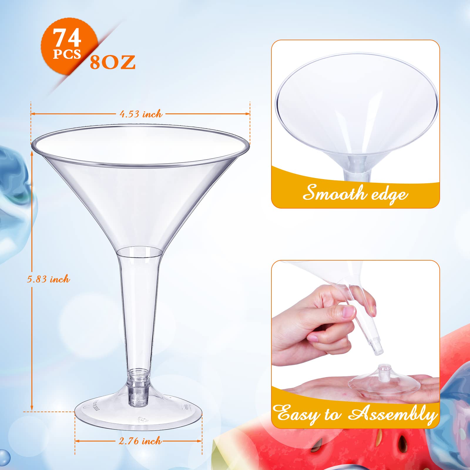 Clear Plastic Martini Glasses 8 oz Disposable Martini Cocktail Glasses Plastic Martini Cup Martini Party Glasses Stackable Stemmed Disposable Glasses for Wine Champagne Outdoor Wedding Picnic (74 Pcs)