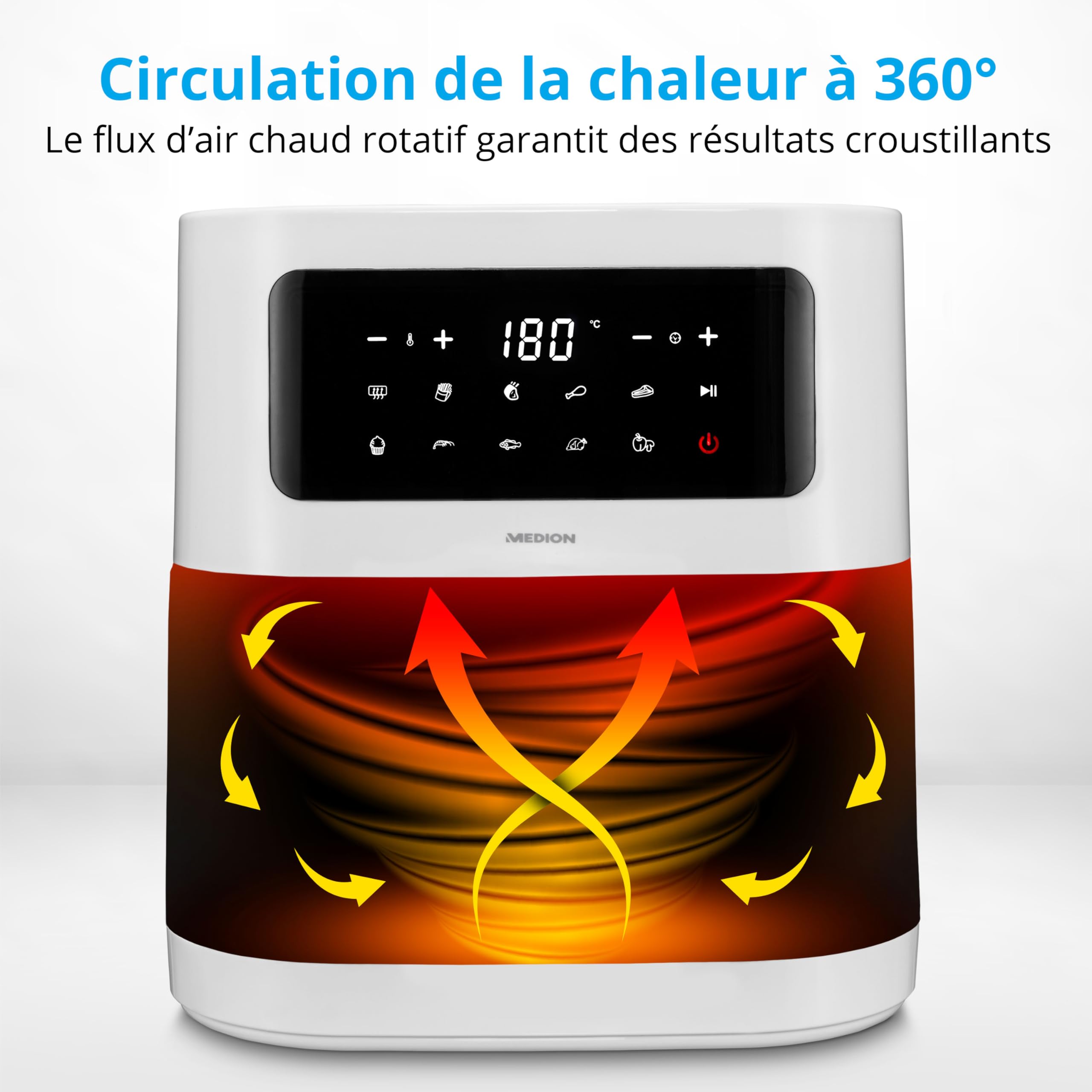 MEDION E40 XL Friteuse à air chaud (panier à friture XXL de 5,3 litres, 2 150 watts, 9 programmes automatiques, fonction cuisson, friture sans huile, panneau de commande tactile, affichage LED) blanc